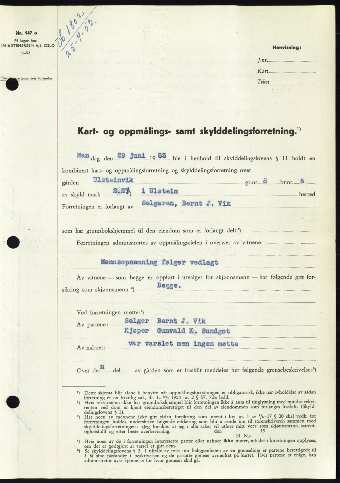 Søre Sunnmøre sorenskriveri, AV/SAT-A-4122/1/2/2C/L0095: Pantebok nr. 21A, 1953-1953, Dagboknr: 1802/1953
