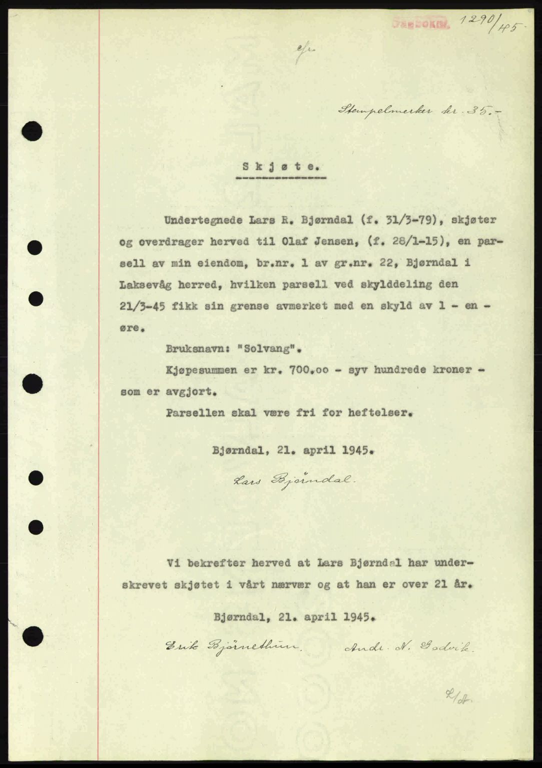 Midhordland sorenskriveri, SAB/A-3001/1/G/Gb/Gbk/L0008: Pantebok nr. A36-41, 1944-1945, Dagboknr: 1290/1945