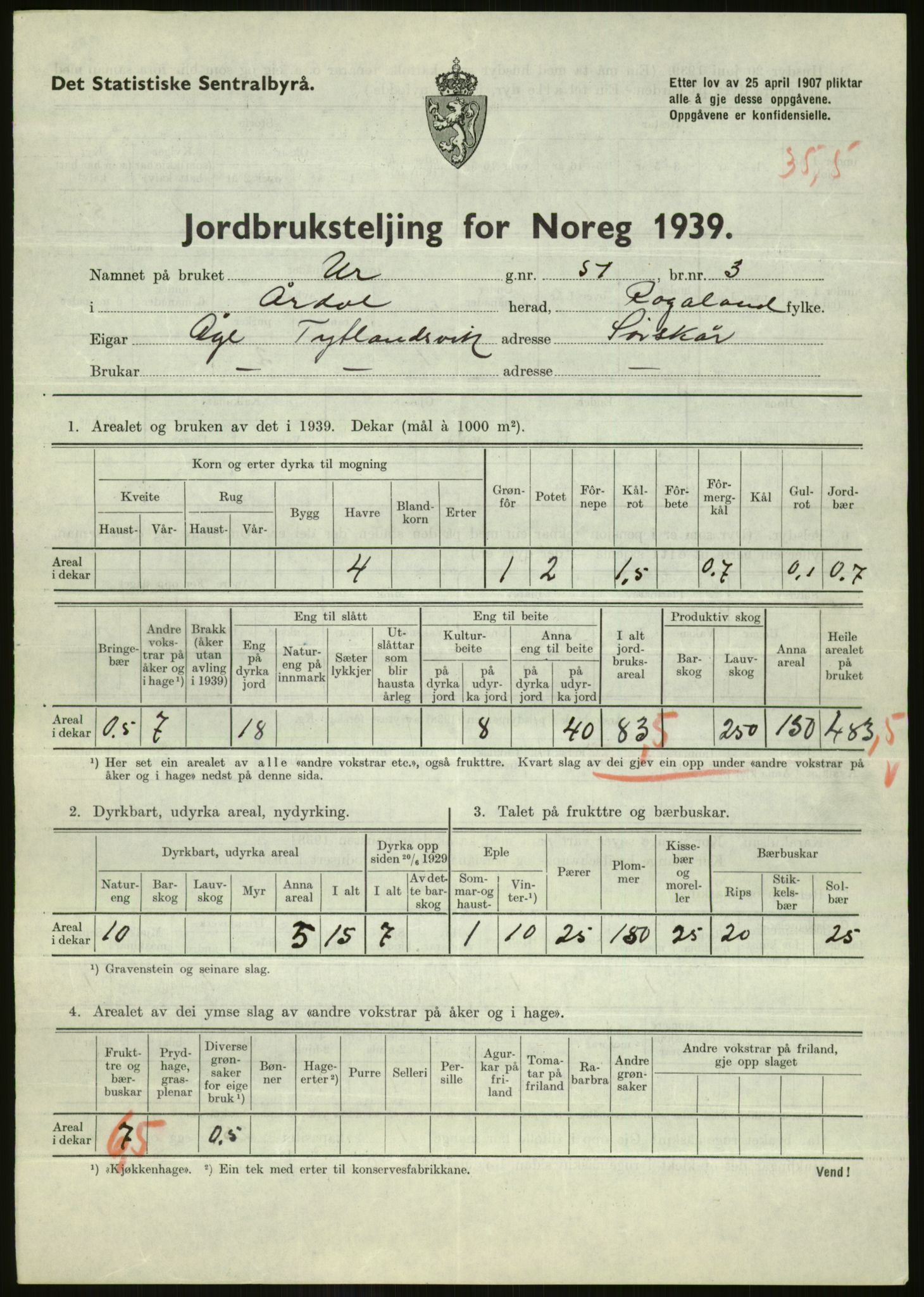 Statistisk sentralbyrå, Næringsøkonomiske emner, Jordbruk, skogbruk, jakt, fiske og fangst, AV/RA-S-2234/G/Gb/L0184: Rogaland: Årdal, Fister og Hjelmeland, 1939, s. 737