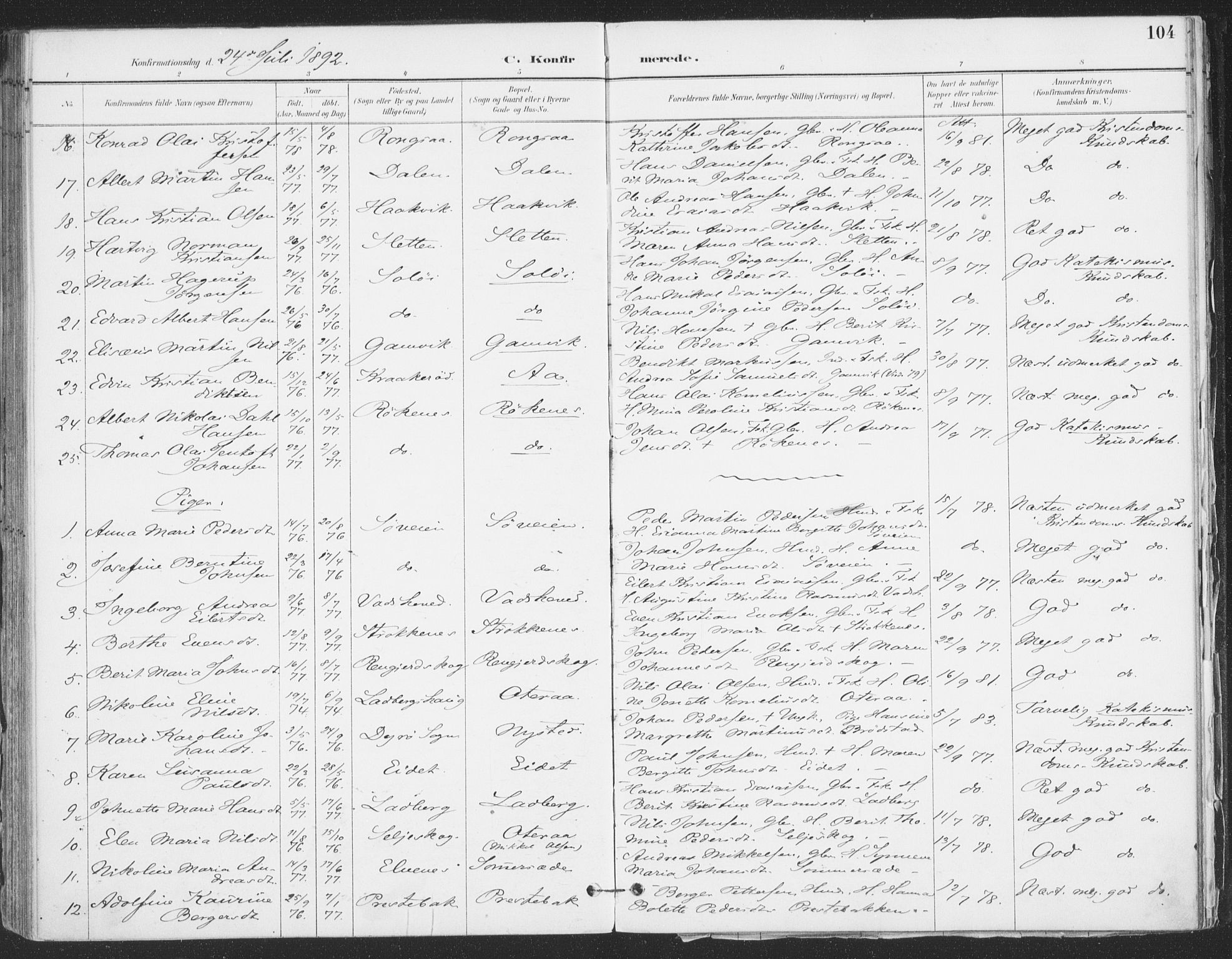 Ibestad sokneprestembete, AV/SATØ-S-0077/H/Ha/Haa/L0015kirke: Ministerialbok nr. 15, 1888-1899, s. 104