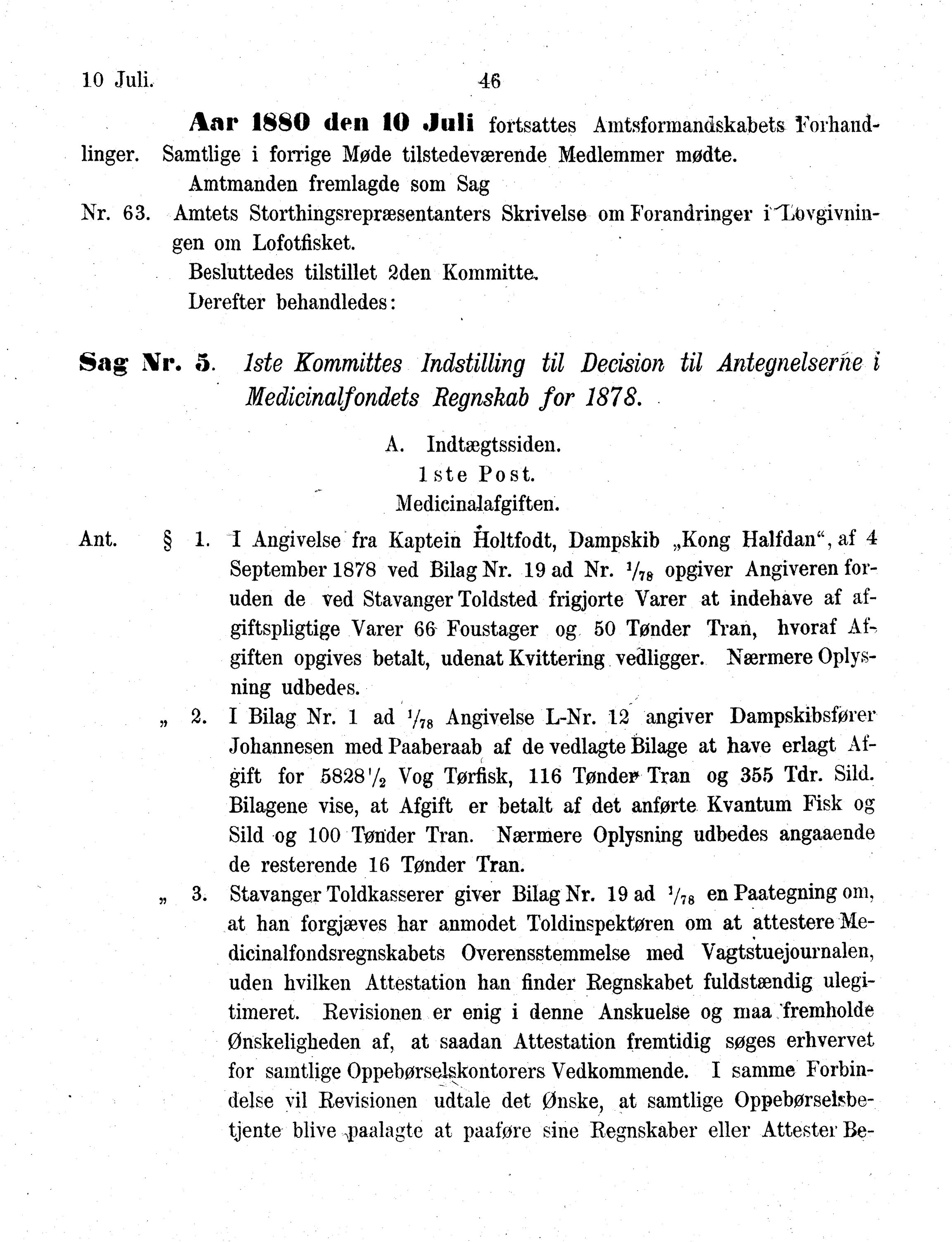 Nordland Fylkeskommune. Fylkestinget, AIN/NFK-17/176/A/Ac/L0013: Fylkestingsforhandlinger 1880, 1880, s. 46