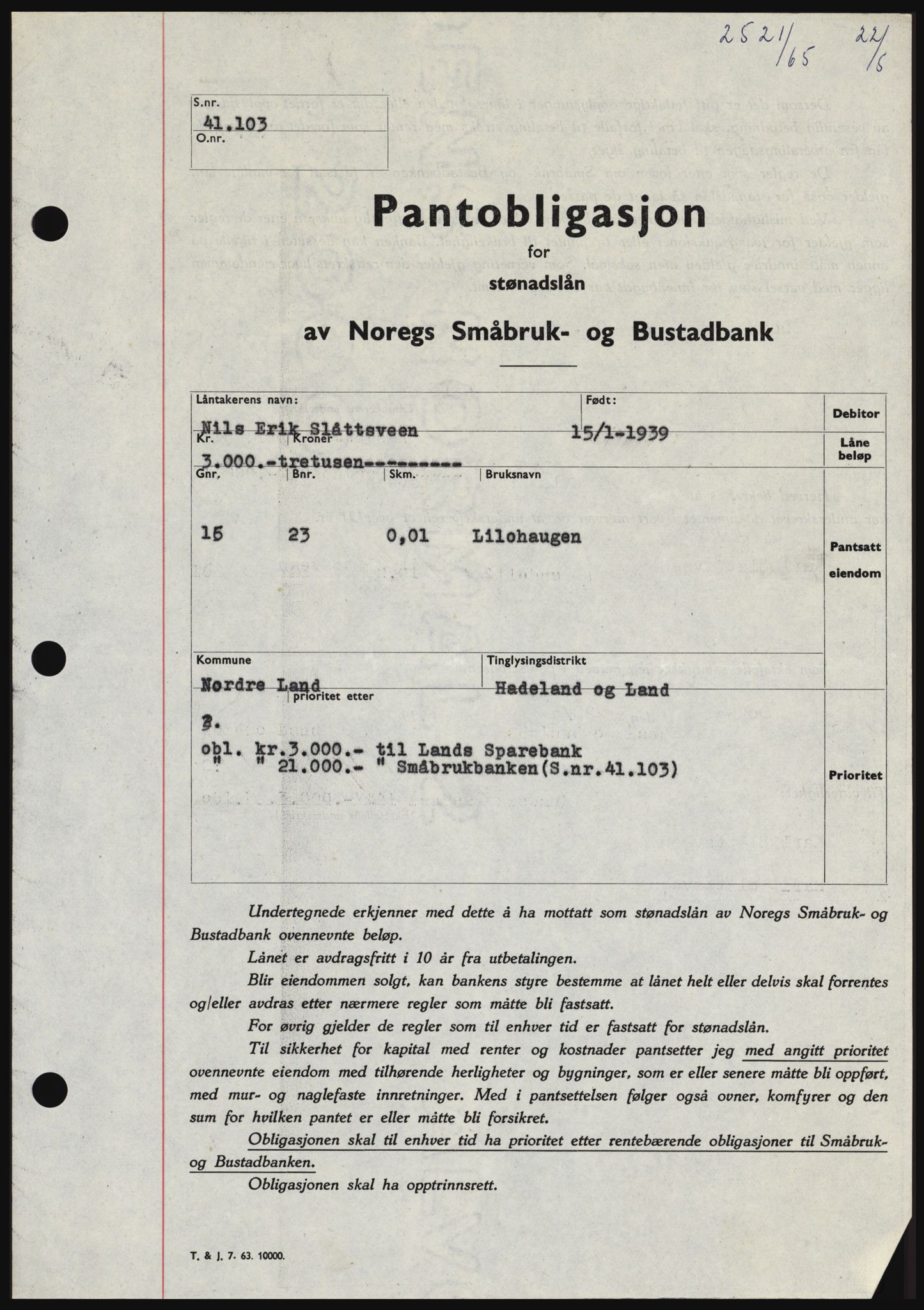 Hadeland og Land tingrett, SAH/TING-010/H/Hb/Hbc/L0058: Pantebok nr. B58, 1965-1965, Dagboknr: 2521/1965