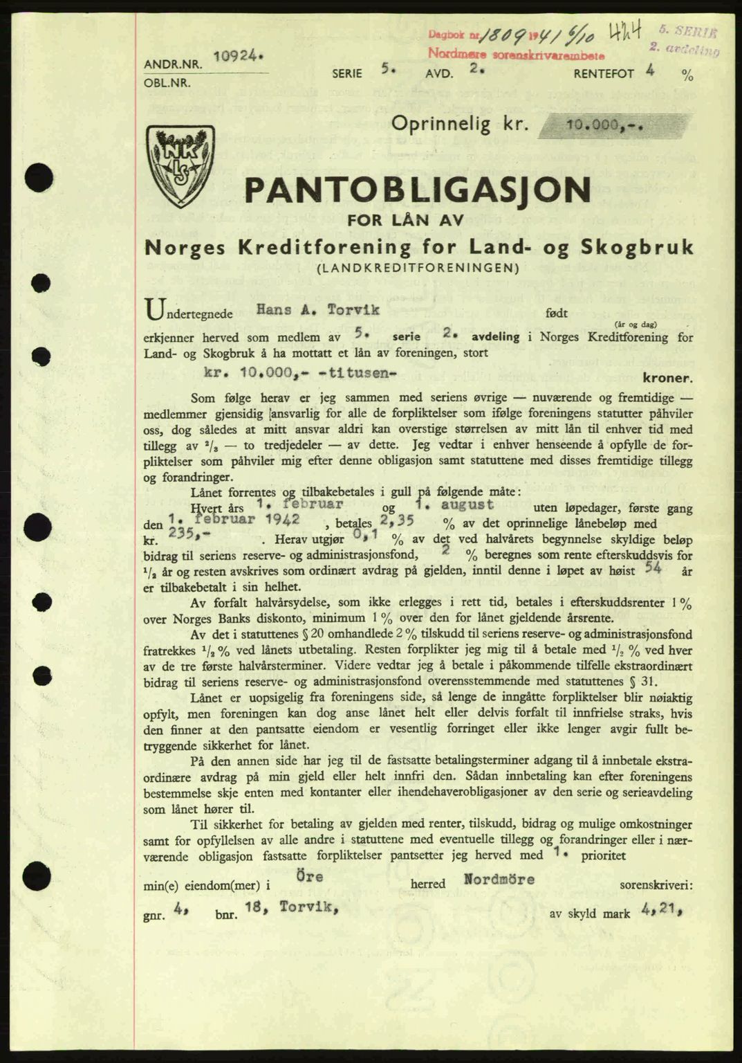 Nordmøre sorenskriveri, SAT/A-4132/1/2/2Ca: Pantebok nr. B88, 1941-1942, Dagboknr: 1809/1941