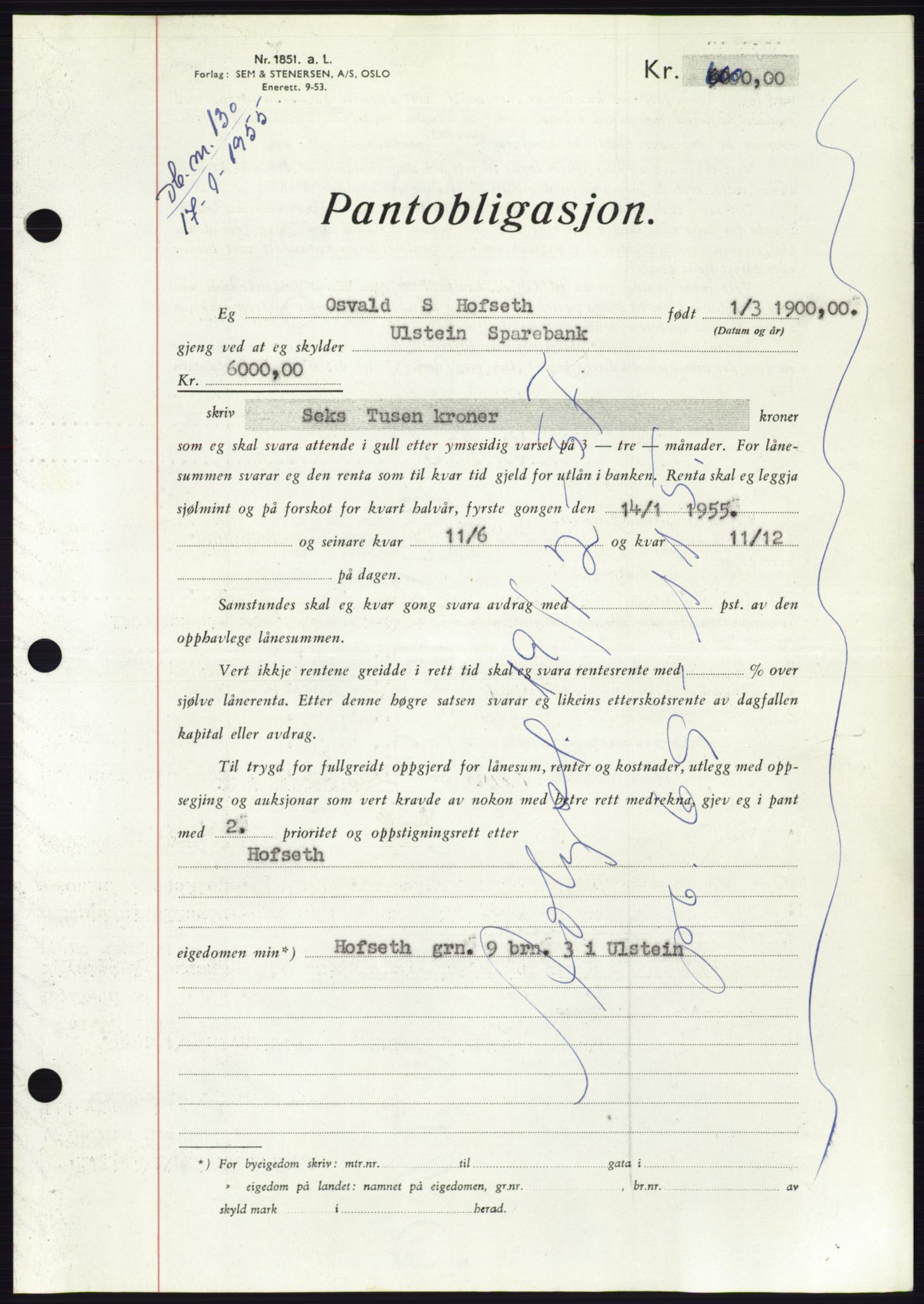 Søre Sunnmøre sorenskriveri, AV/SAT-A-4122/1/2/2C/L0126: Pantebok nr. 14B, 1954-1955, Dagboknr: 130/1955