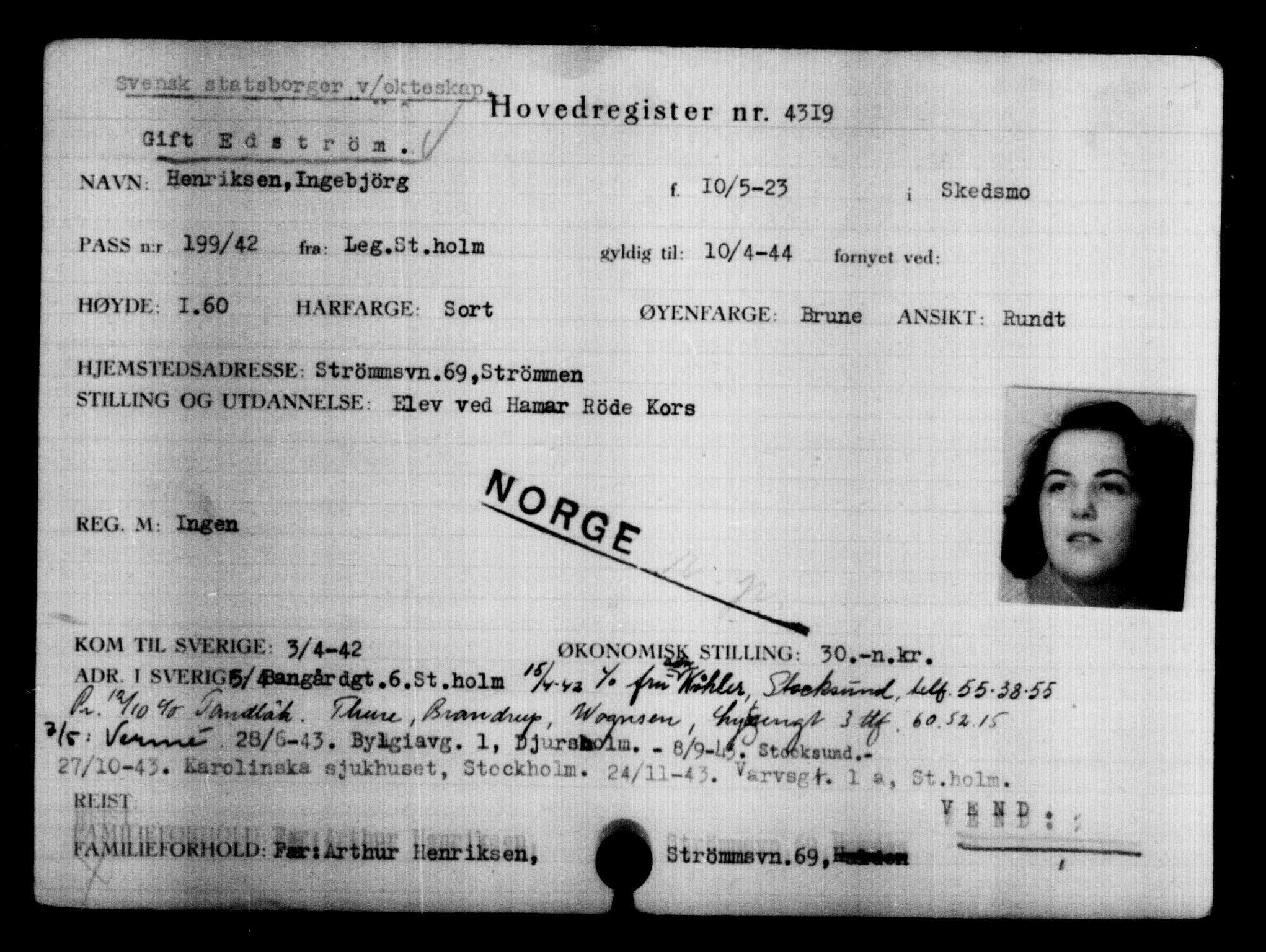 Utenriksstasjonene, Legasjonen i Stockholm, Flyktningkontoret, AV/RA-S-6753/V/Va/L0004: Kjesäterkartoteket, flyktninger med registreringsnr. 3496-6610, 1940-1945, s. 1000