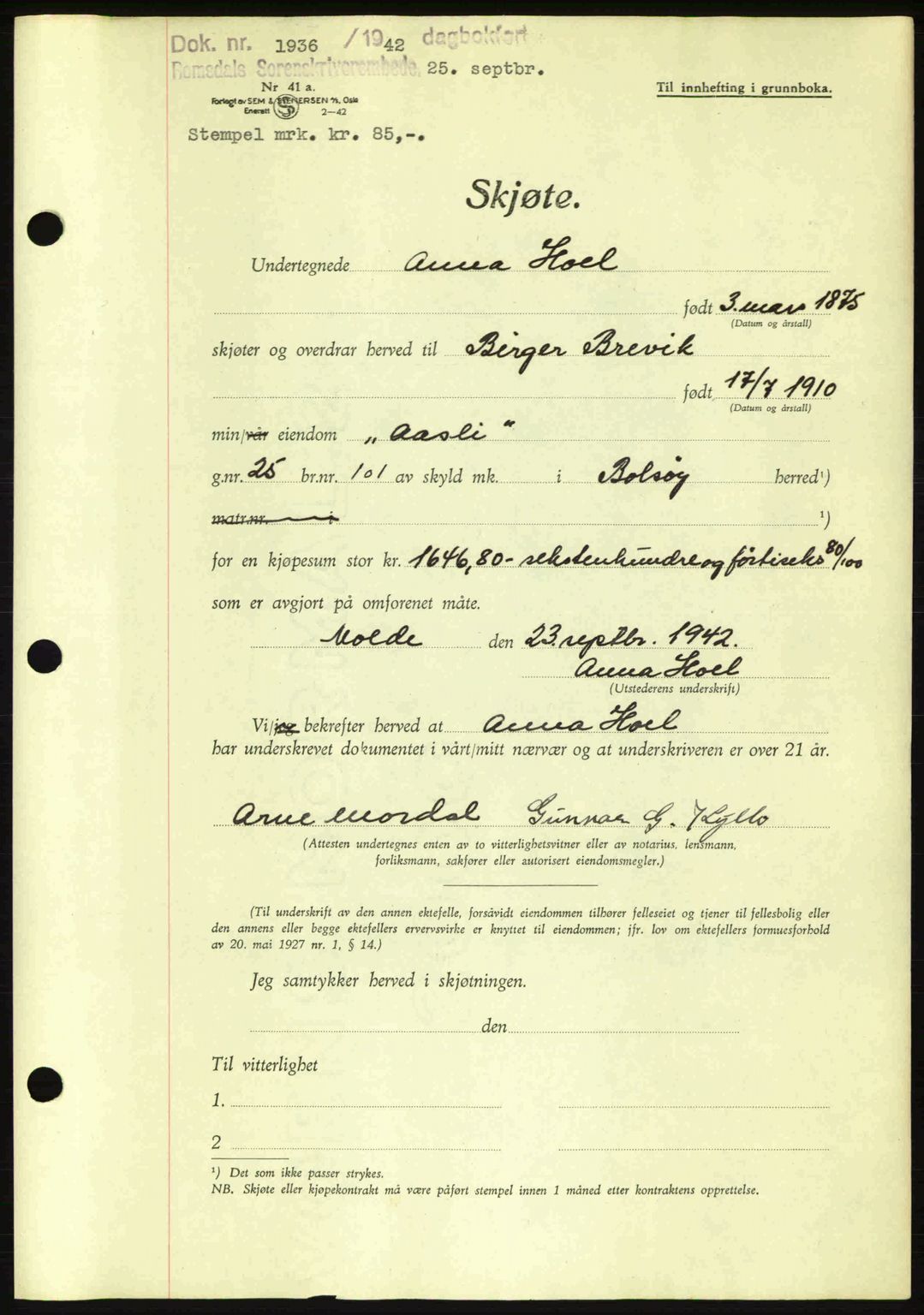 Romsdal sorenskriveri, SAT/A-4149/1/2/2C: Pantebok nr. A12, 1942-1942, Dagboknr: 1936/1942