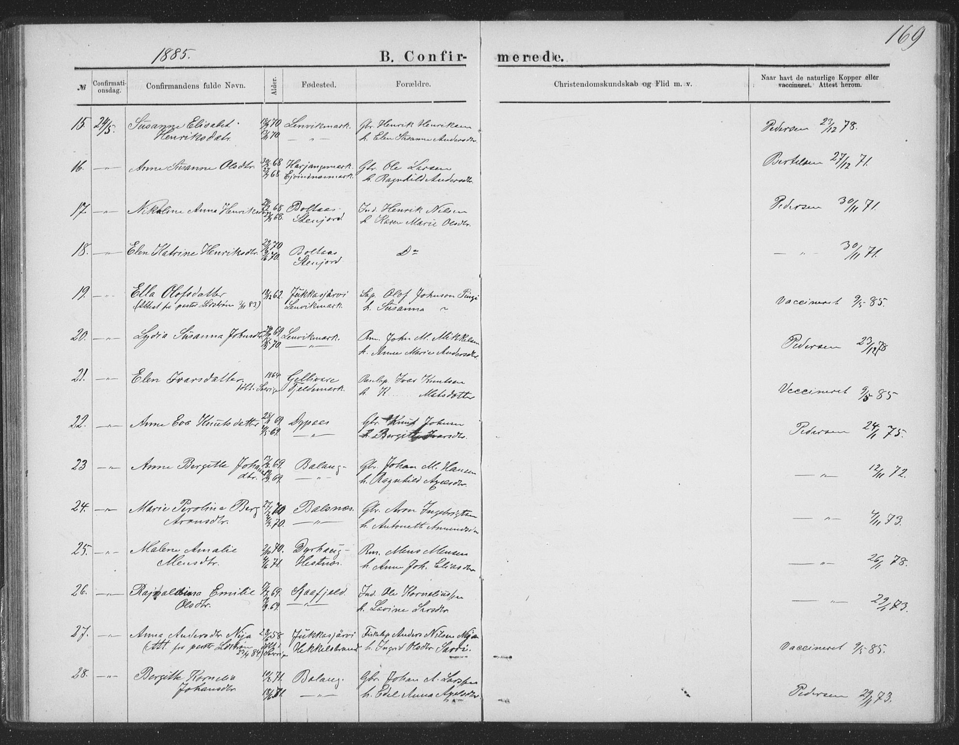 Ministerialprotokoller, klokkerbøker og fødselsregistre - Nordland, AV/SAT-A-1459/863/L0913: Klokkerbok nr. 863C03, 1877-1885, s. 169