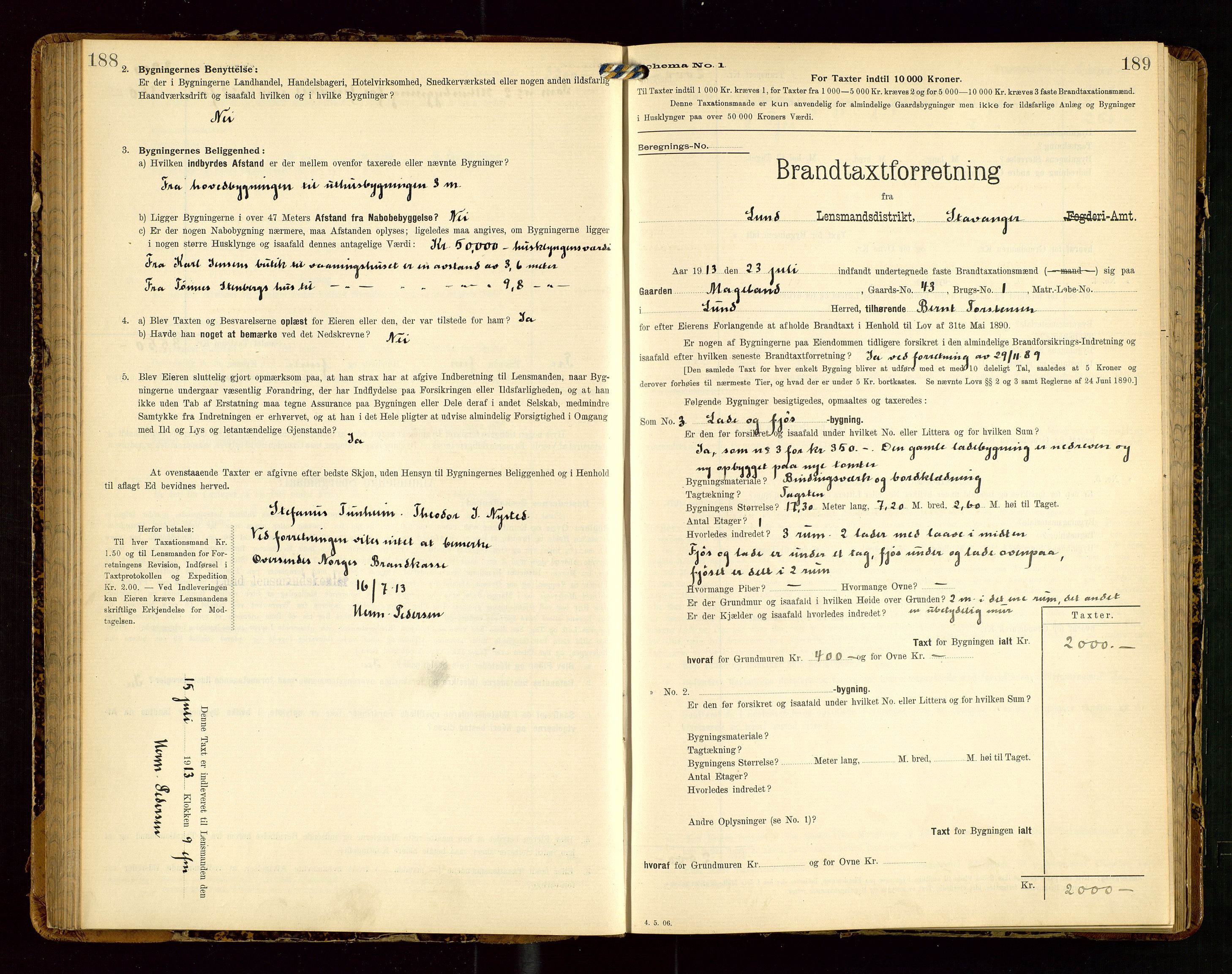 Lund lensmannskontor, AV/SAST-A-100303/Gob/L0002: "Brandtakstprotokol", 1908-1918, s. 188-189