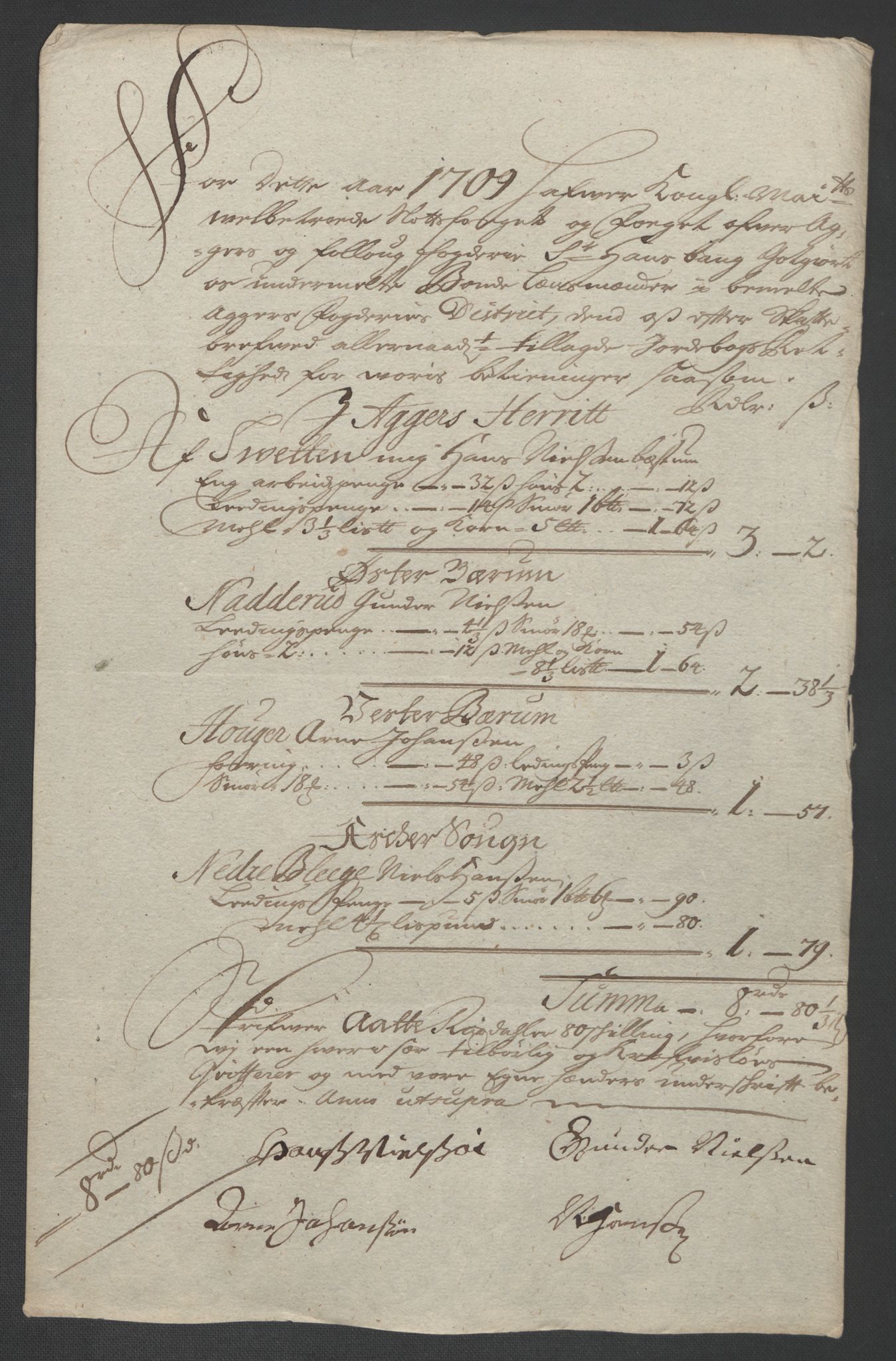 Rentekammeret inntil 1814, Reviderte regnskaper, Fogderegnskap, AV/RA-EA-4092/R10/L0447: Fogderegnskap Aker og Follo, 1707-1709, s. 539