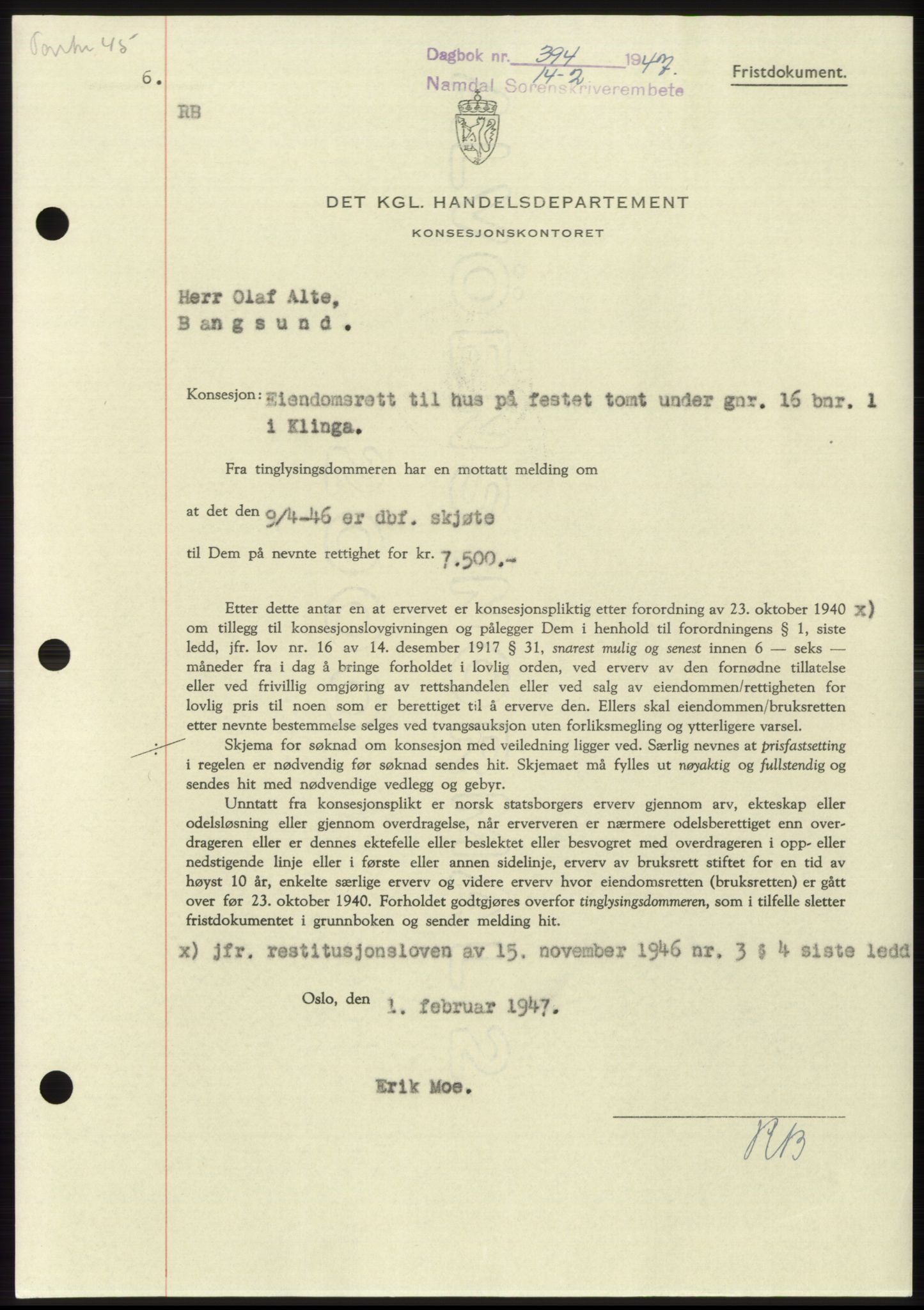 Namdal sorenskriveri, SAT/A-4133/1/2/2C: Pantebok nr. -, 1946-1947, Dagboknr: 394/1947