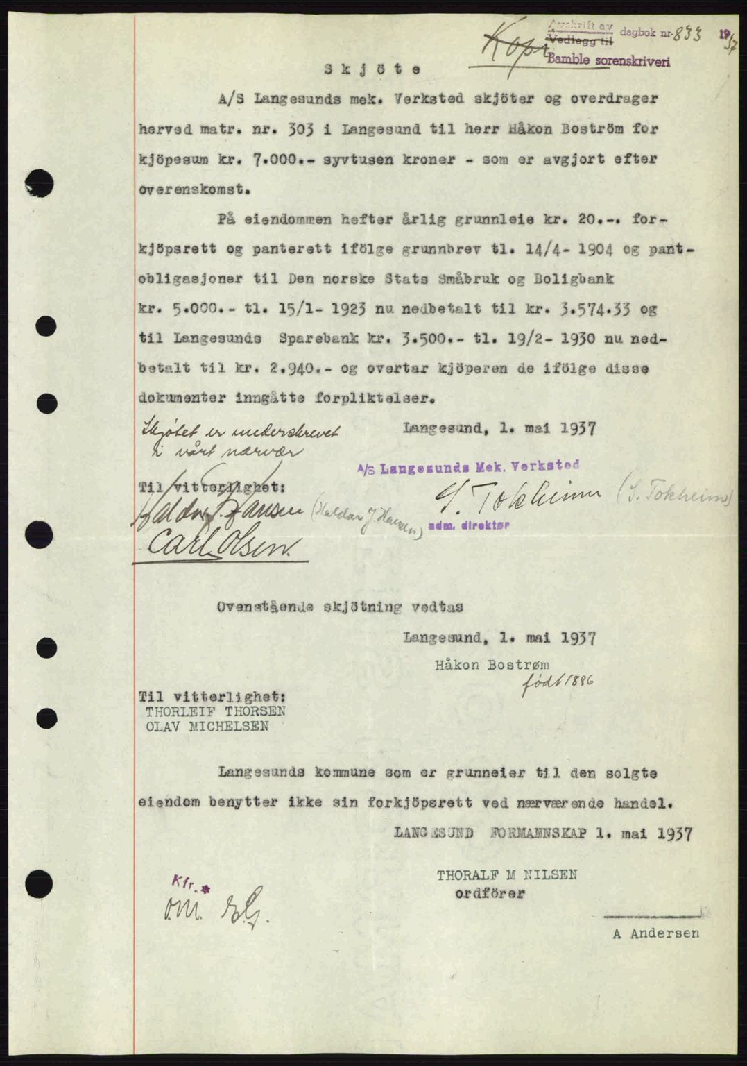 Bamble sorenskriveri, AV/SAKO-A-214/G/Ga/Gag/L0002: Pantebok nr. A-2, 1937-1938, Dagboknr: 833/1937