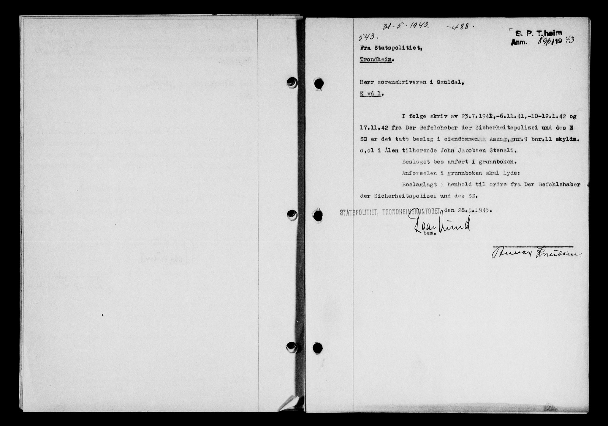 Gauldal sorenskriveri, SAT/A-0014/1/2/2C/L0056: Pantebok nr. 61, 1942-1943, Dagboknr: 543/1943