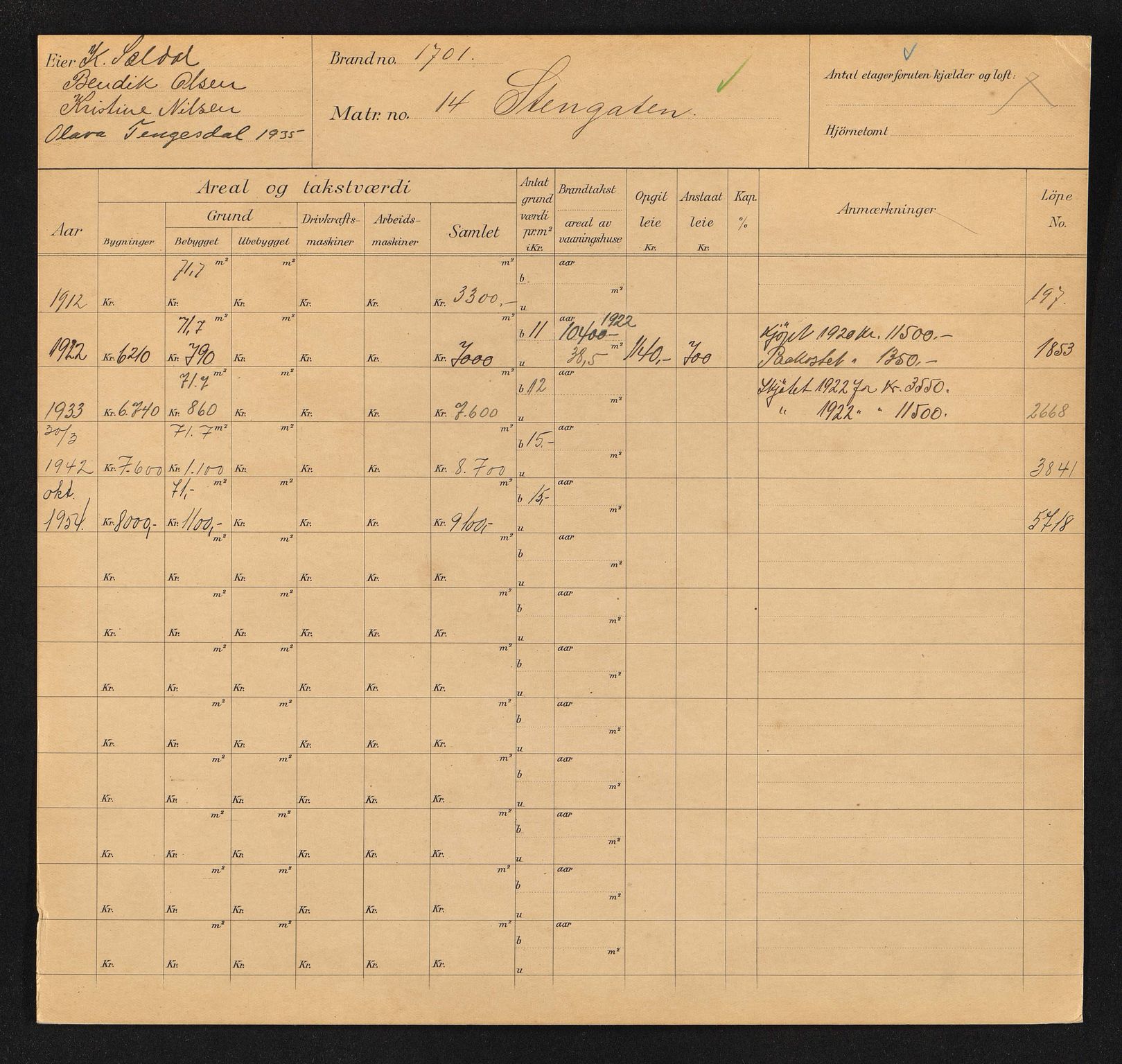 Stavanger kommune. Skattetakstvesenet, BYST/A-0440/F/Fa/Faa/L0040/0004: Skattetakstkort / Steingata 9 - 43