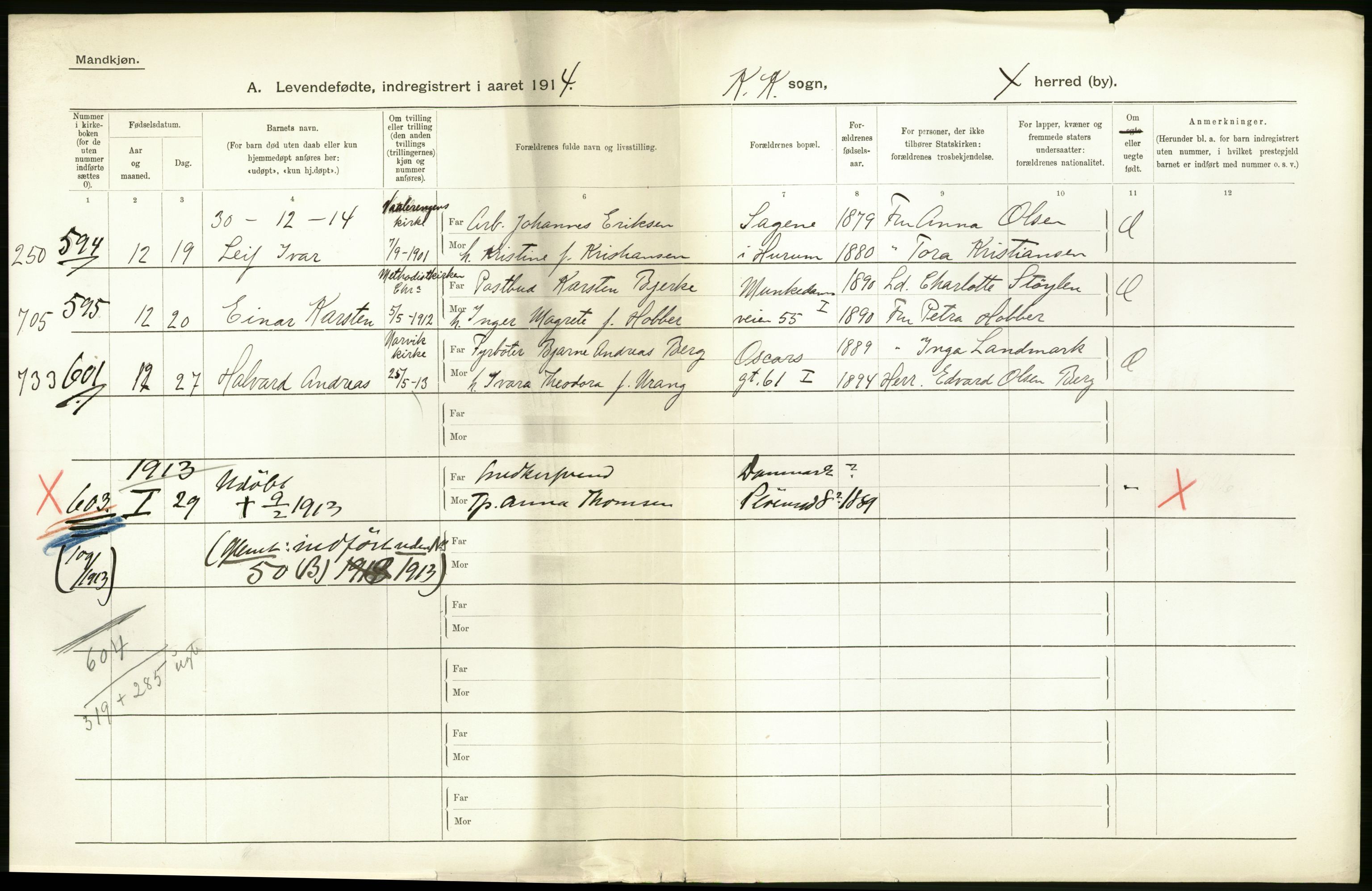 Statistisk sentralbyrå, Sosiodemografiske emner, Befolkning, AV/RA-S-2228/D/Df/Dfb/Dfbd/L0005: Kristiania: Levendefødte menn og kvinner., 1914, s. 30