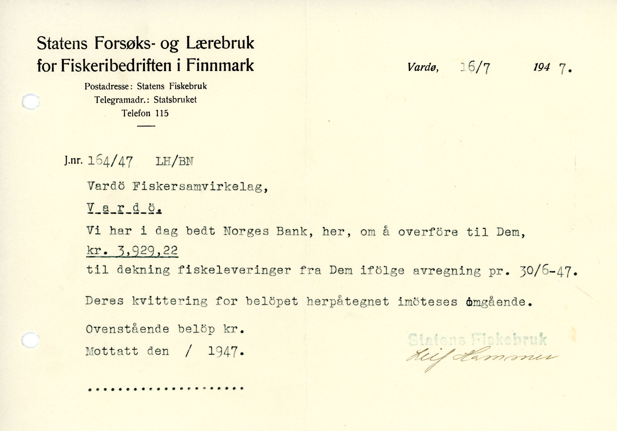 Vardø Fiskersamvirkelag, VAMU/A-0037/D/Da/L0007: Korrespondanse St-Tr, 1947-1950