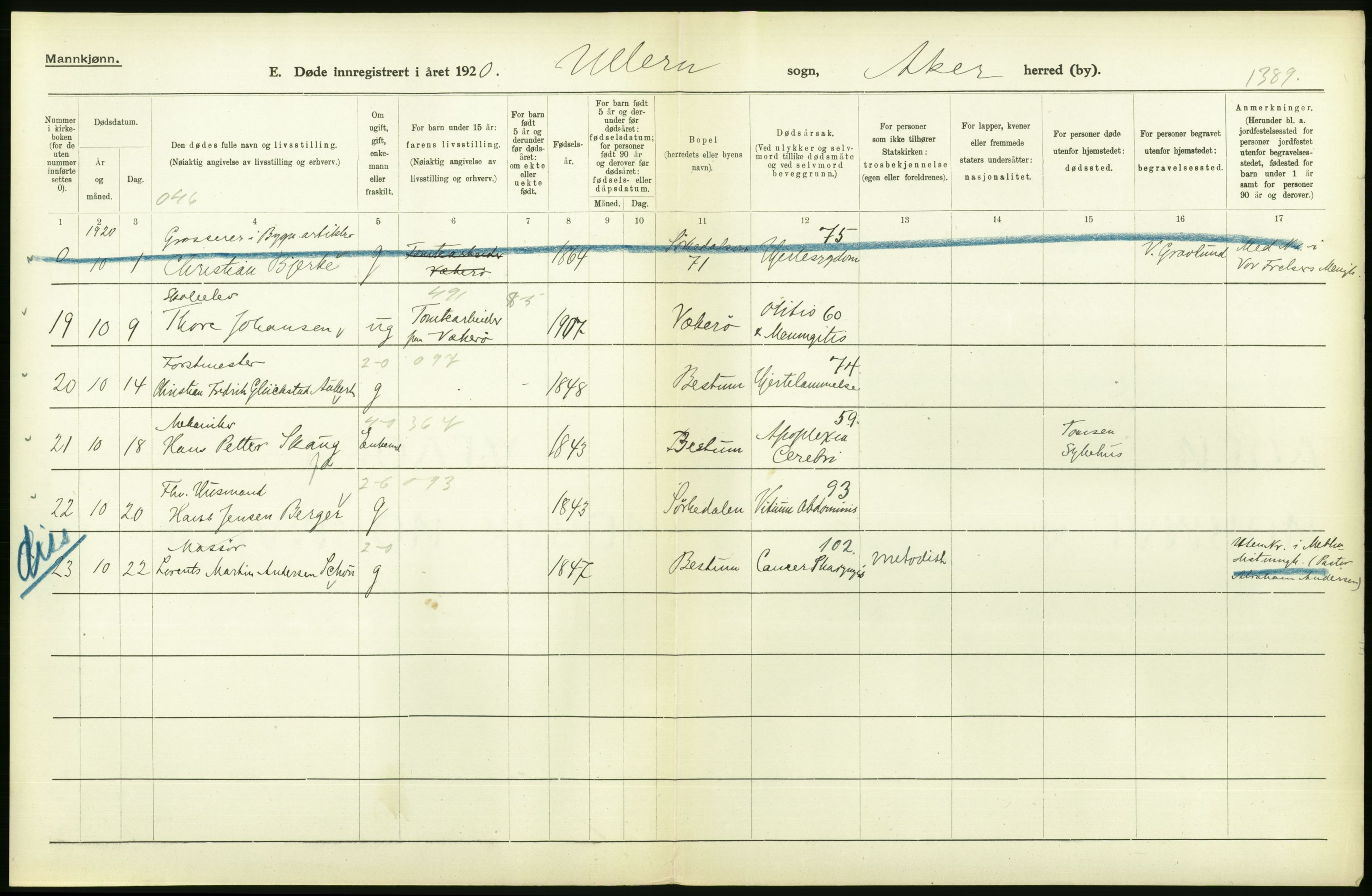 Statistisk sentralbyrå, Sosiodemografiske emner, Befolkning, RA/S-2228/D/Df/Dfb/Dfbj/L0007: Akershus fylke: Døde. Bygder og byer., 1920, s. 38