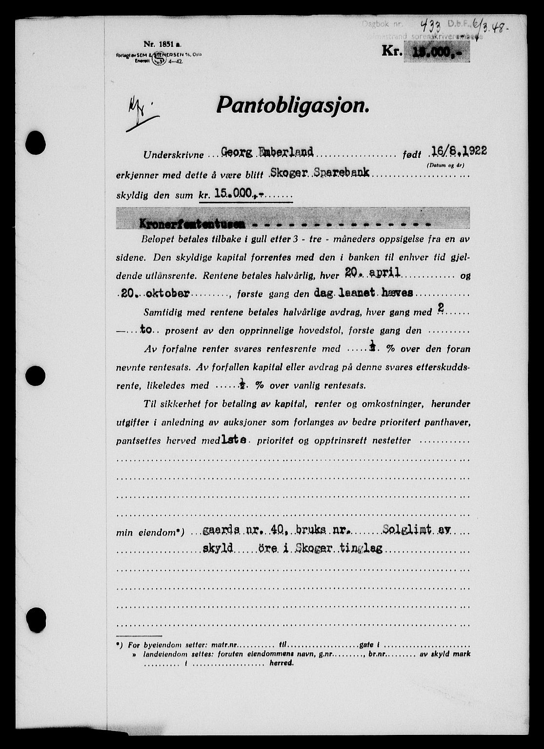 Holmestrand sorenskriveri, SAKO/A-67/G/Ga/Gab/L0058: Pantebok nr. B-58, 1947-1948, Dagboknr: 433/1948
