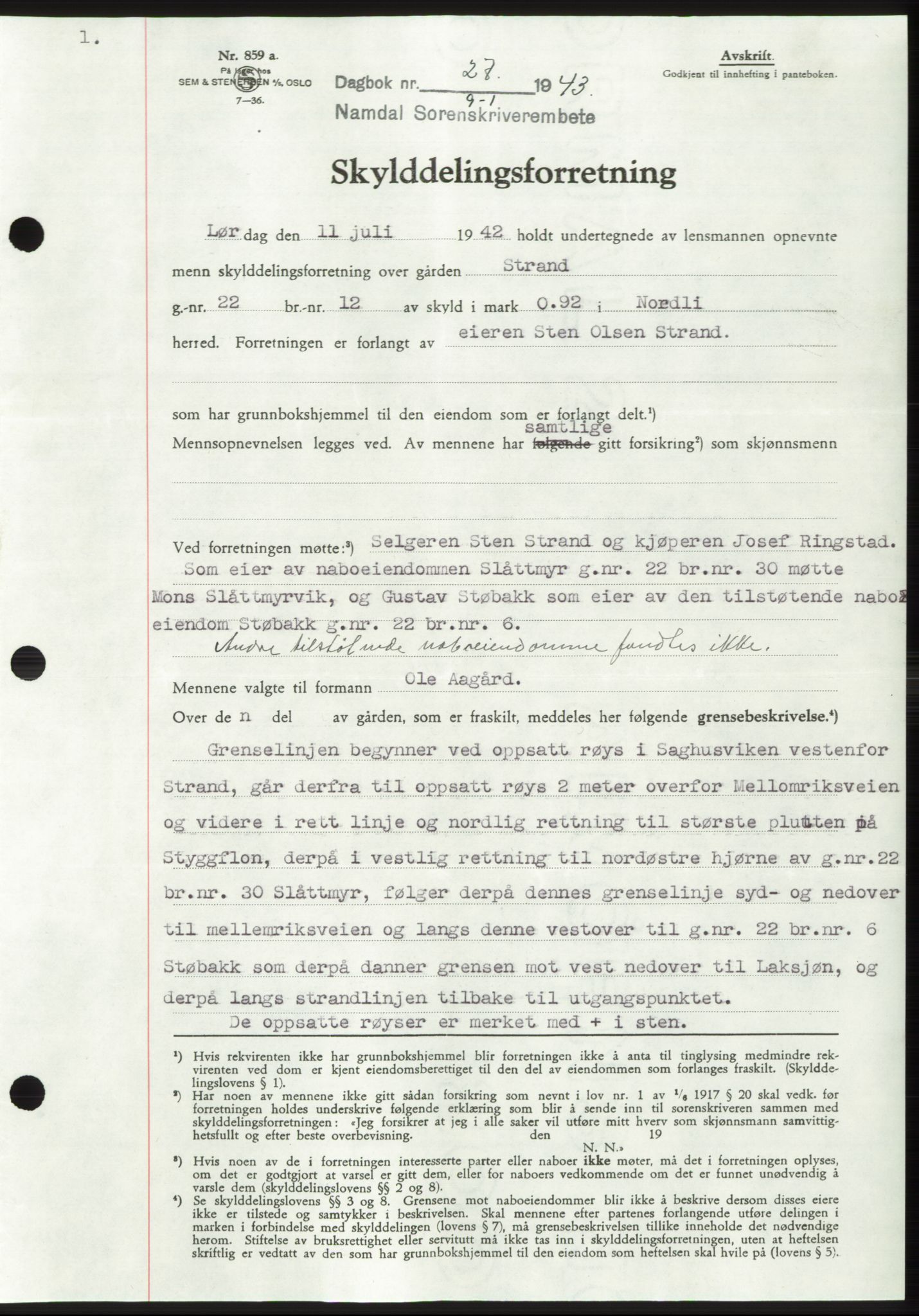 Namdal sorenskriveri, SAT/A-4133/1/2/2C: Pantebok nr. -, 1942-1943, Dagboknr: 27/1943