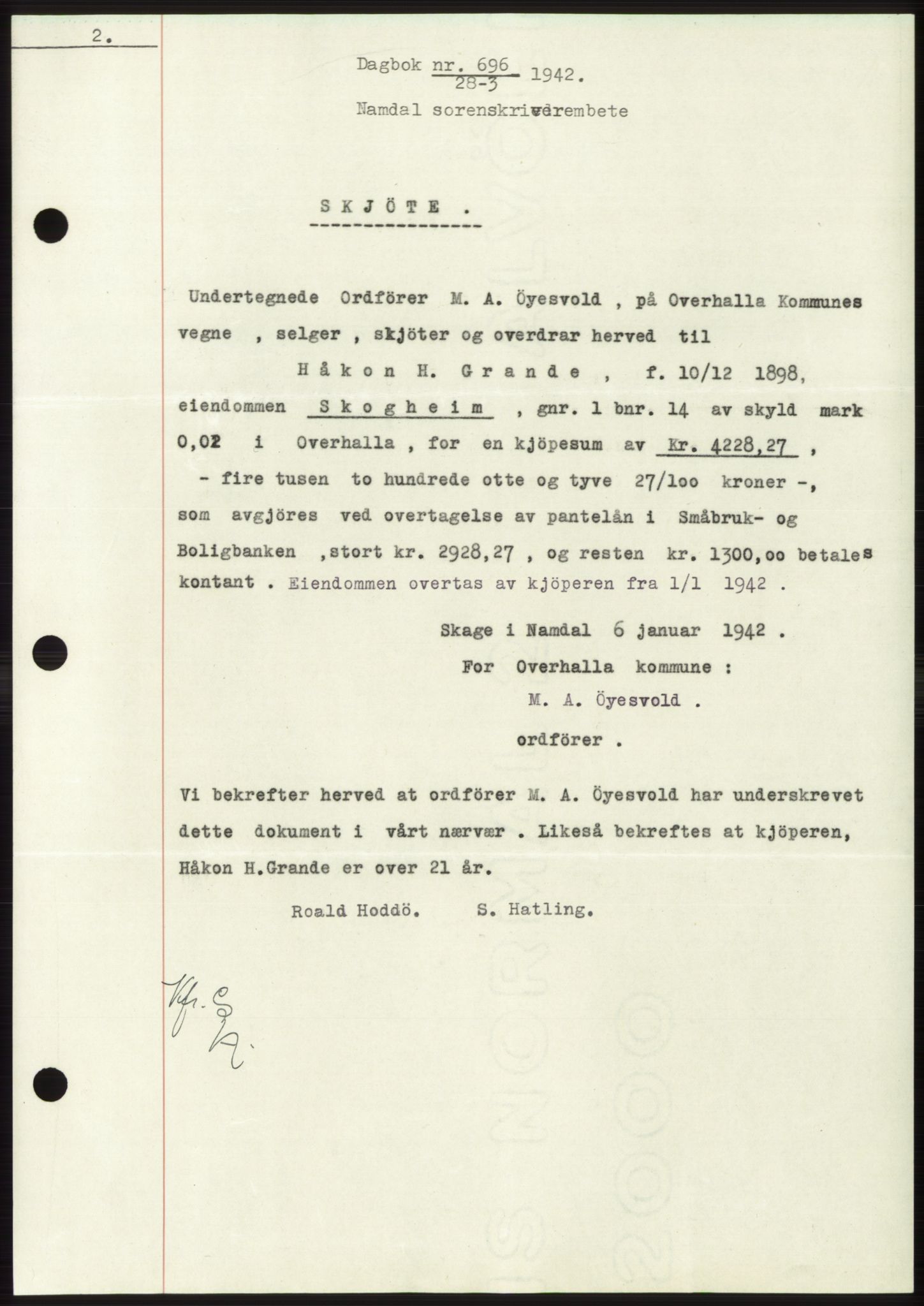 Namdal sorenskriveri, SAT/A-4133/1/2/2C: Pantebok nr. -, 1941-1942, Dagboknr: 696/1942