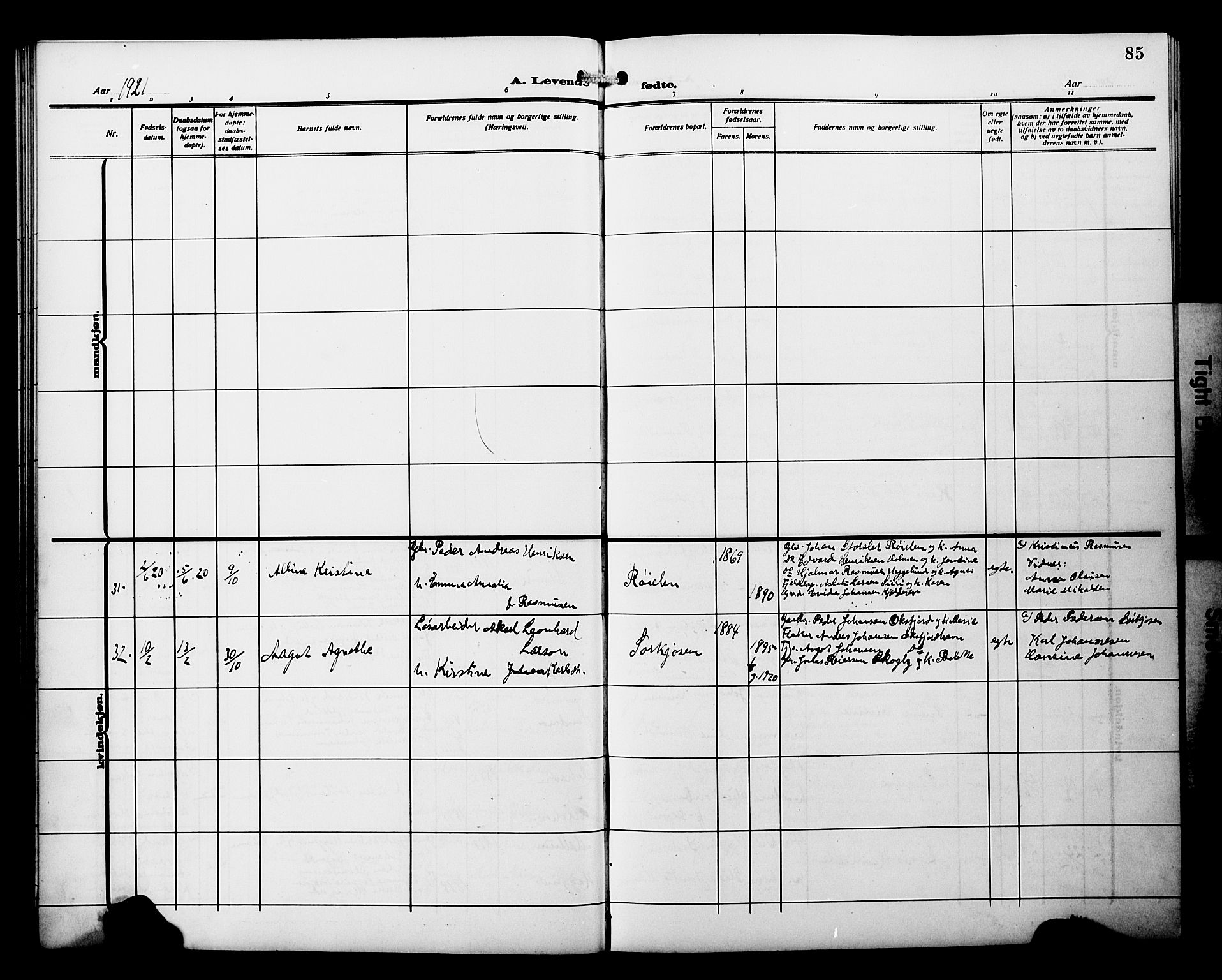 Skjervøy sokneprestkontor, AV/SATØ-S-1300/H/Ha/Hab/L0022klokker: Klokkerbok nr. 22, 1910-1926, s. 85