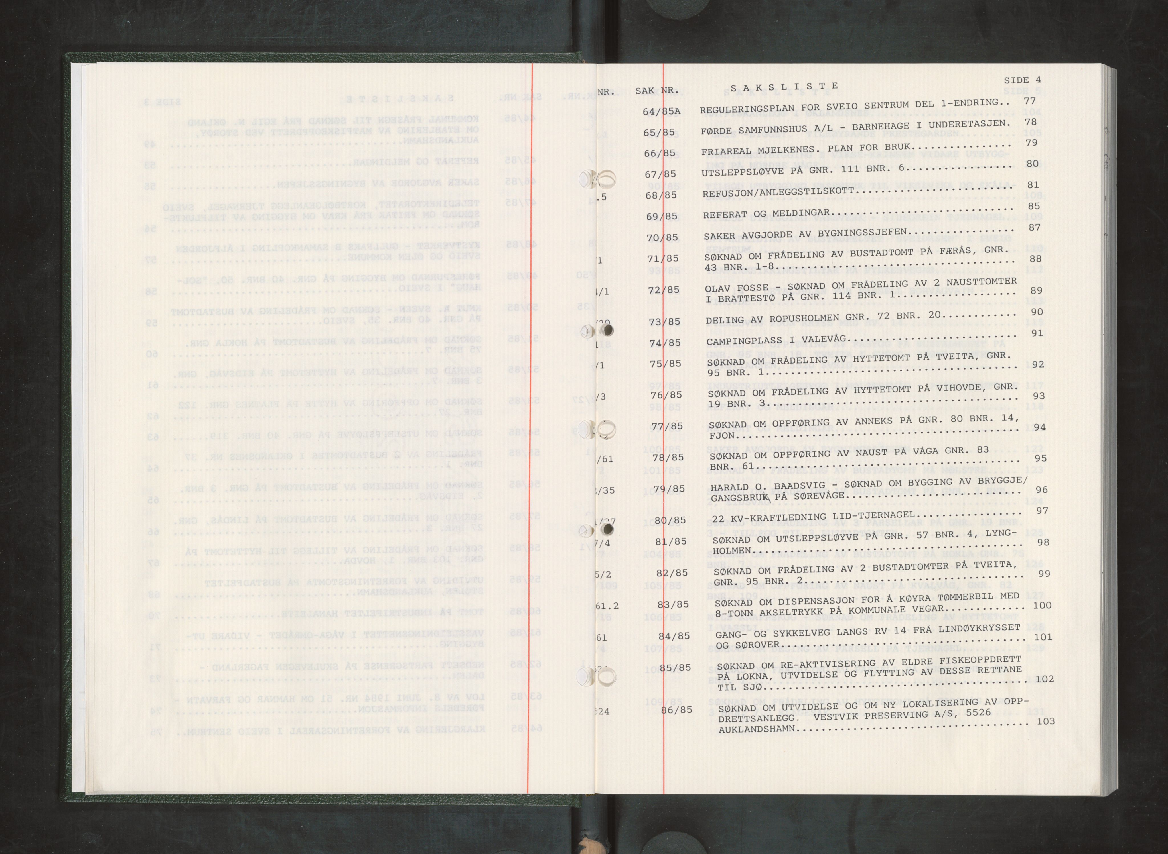 Sveio kommune. Bygningsrådet, IKAH/1216-511/A/Aa/L0019: Møtebok for Sveio bygningsråd, 1985