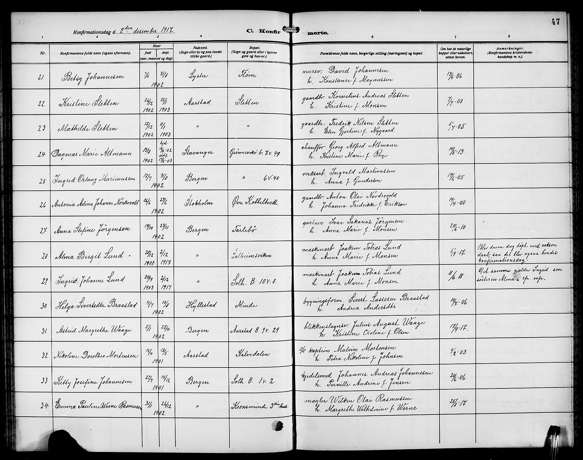 Årstad Sokneprestembete, AV/SAB-A-79301/H/Hab/L0013: Klokkerbok nr. B 3, 1914-1923, s. 47