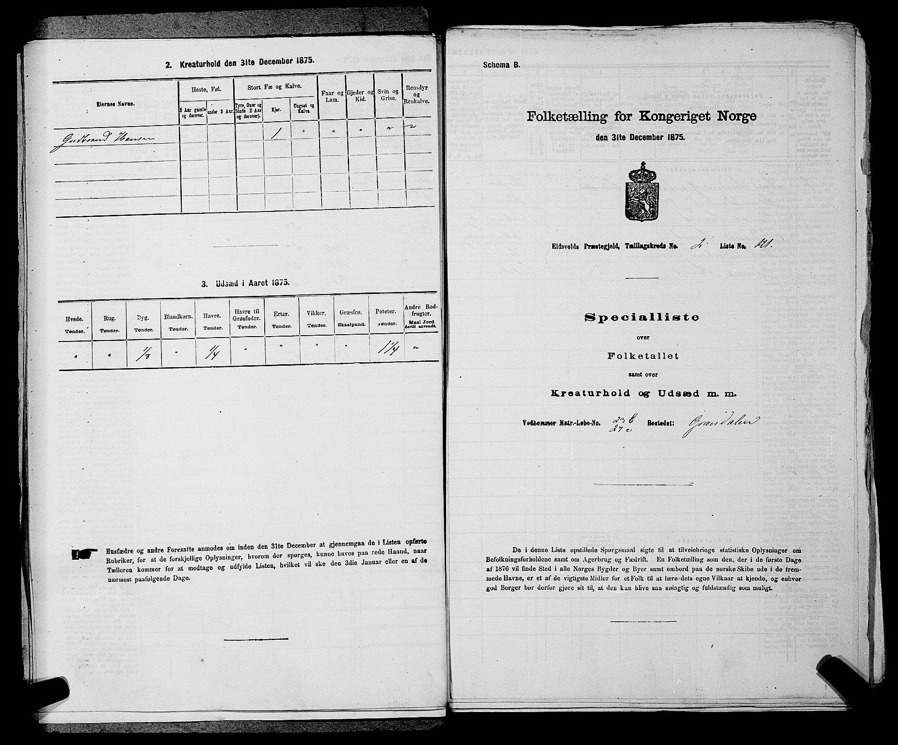 RA, Folketelling 1875 for 0237P Eidsvoll prestegjeld, 1875, s. 186