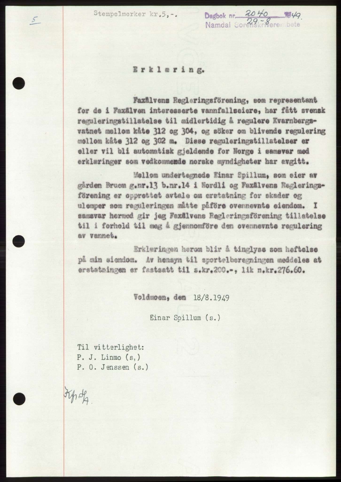 Namdal sorenskriveri, SAT/A-4133/1/2/2C: Pantebok nr. -, 1949-1949, Dagboknr: 2040/1949