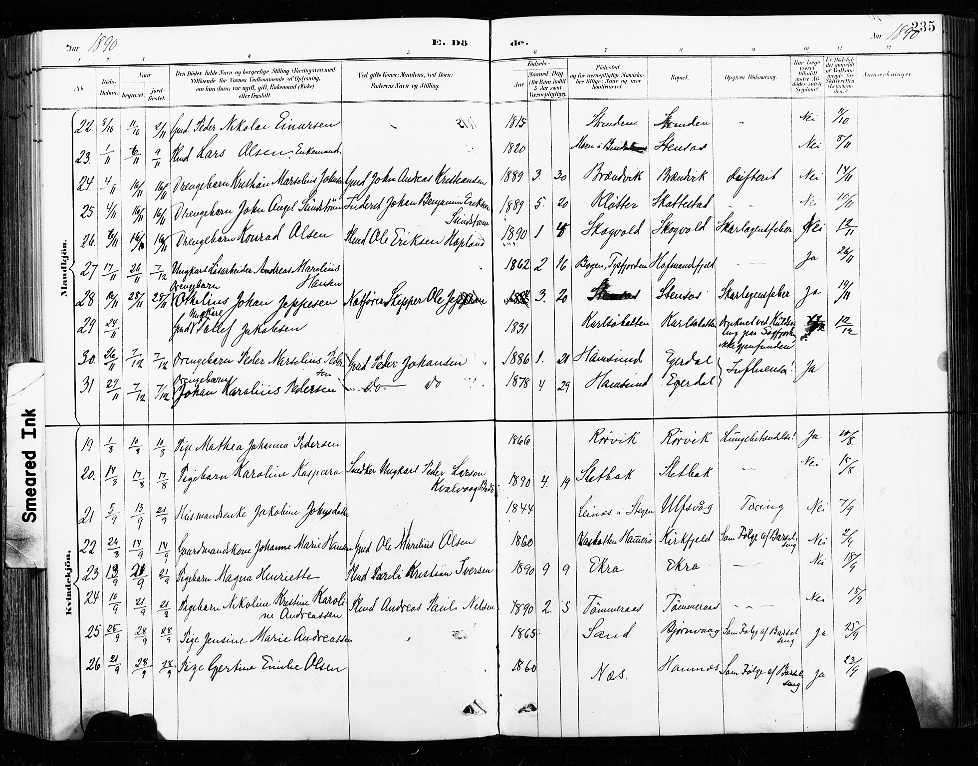 Ministerialprotokoller, klokkerbøker og fødselsregistre - Nordland, AV/SAT-A-1459/859/L0847: Ministerialbok nr. 859A07, 1890-1899, s. 235