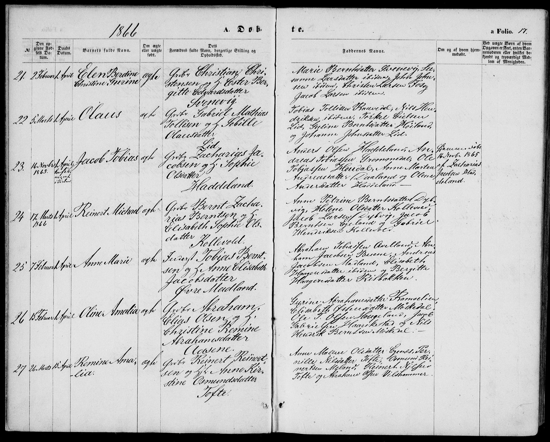 Lyngdal sokneprestkontor, AV/SAK-1111-0029/F/Fa/Fac/L0010: Ministerialbok nr. A 10, 1865-1878, s. 17
