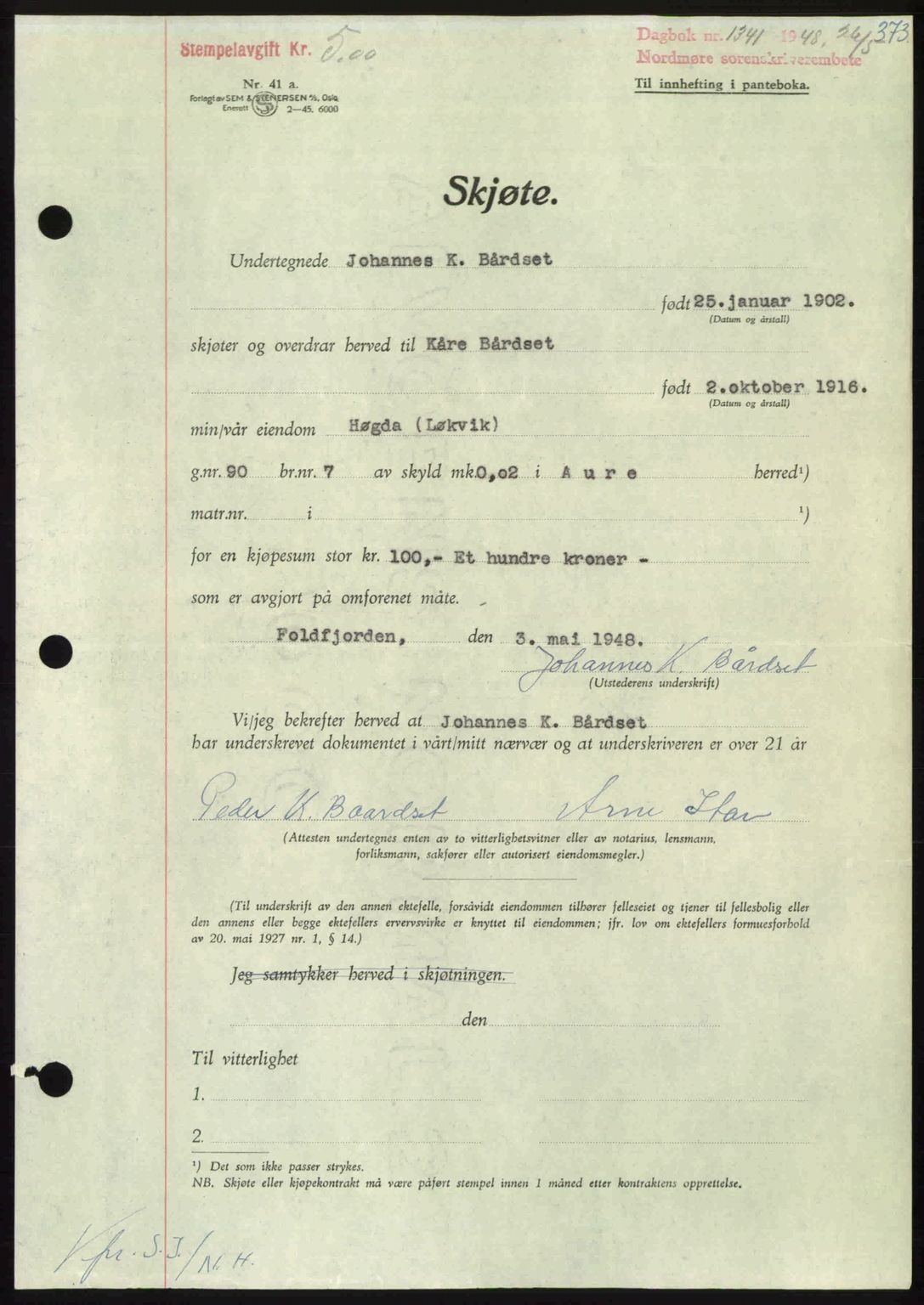 Nordmøre sorenskriveri, SAT/A-4132/1/2/2Ca: Pantebok nr. A108, 1948-1948, Dagboknr: 1341/1948