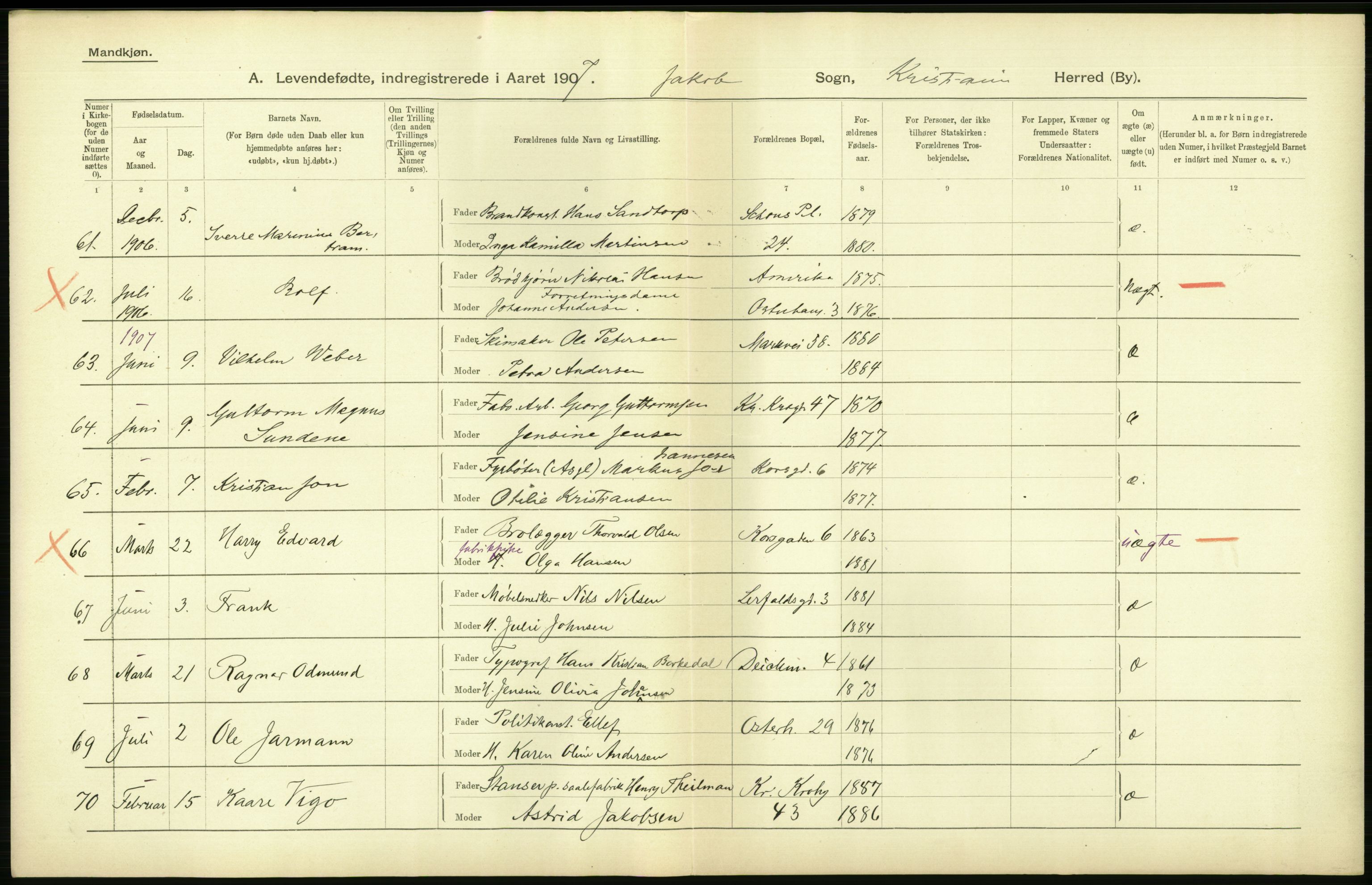 Statistisk sentralbyrå, Sosiodemografiske emner, Befolkning, AV/RA-S-2228/D/Df/Dfa/Dfae/L0007: Kristiania: Levendefødte menn og kvinner., 1907, s. 380