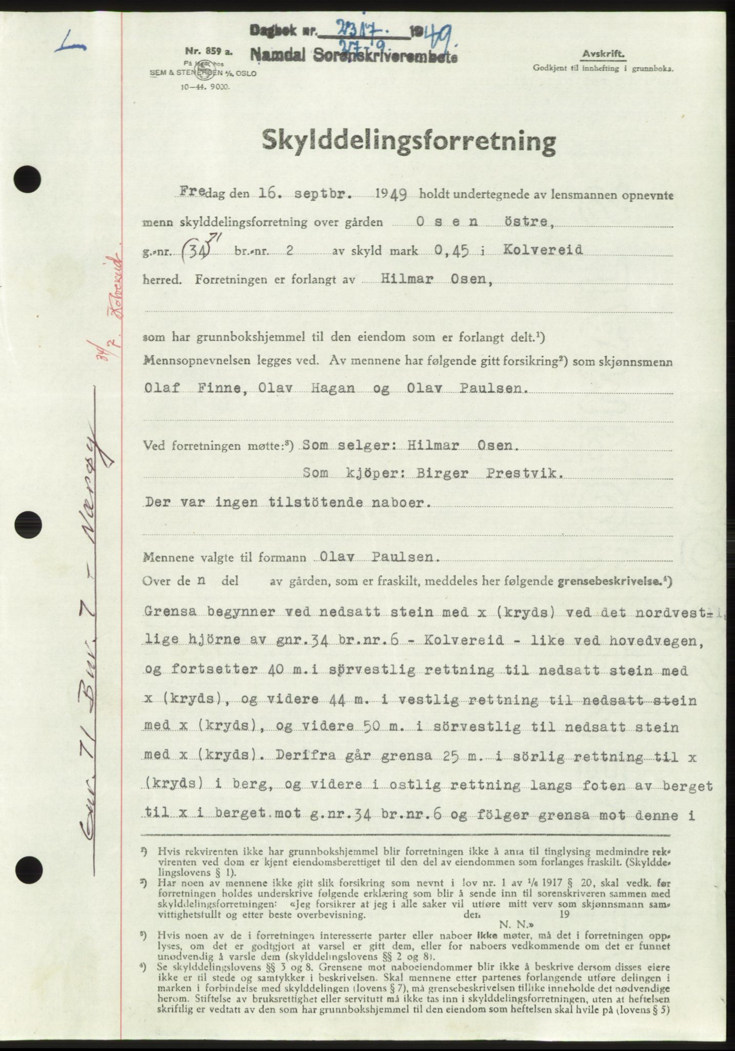 Namdal sorenskriveri, SAT/A-4133/1/2/2C: Pantebok nr. -, 1949-1949, Dagboknr: 2317/1949