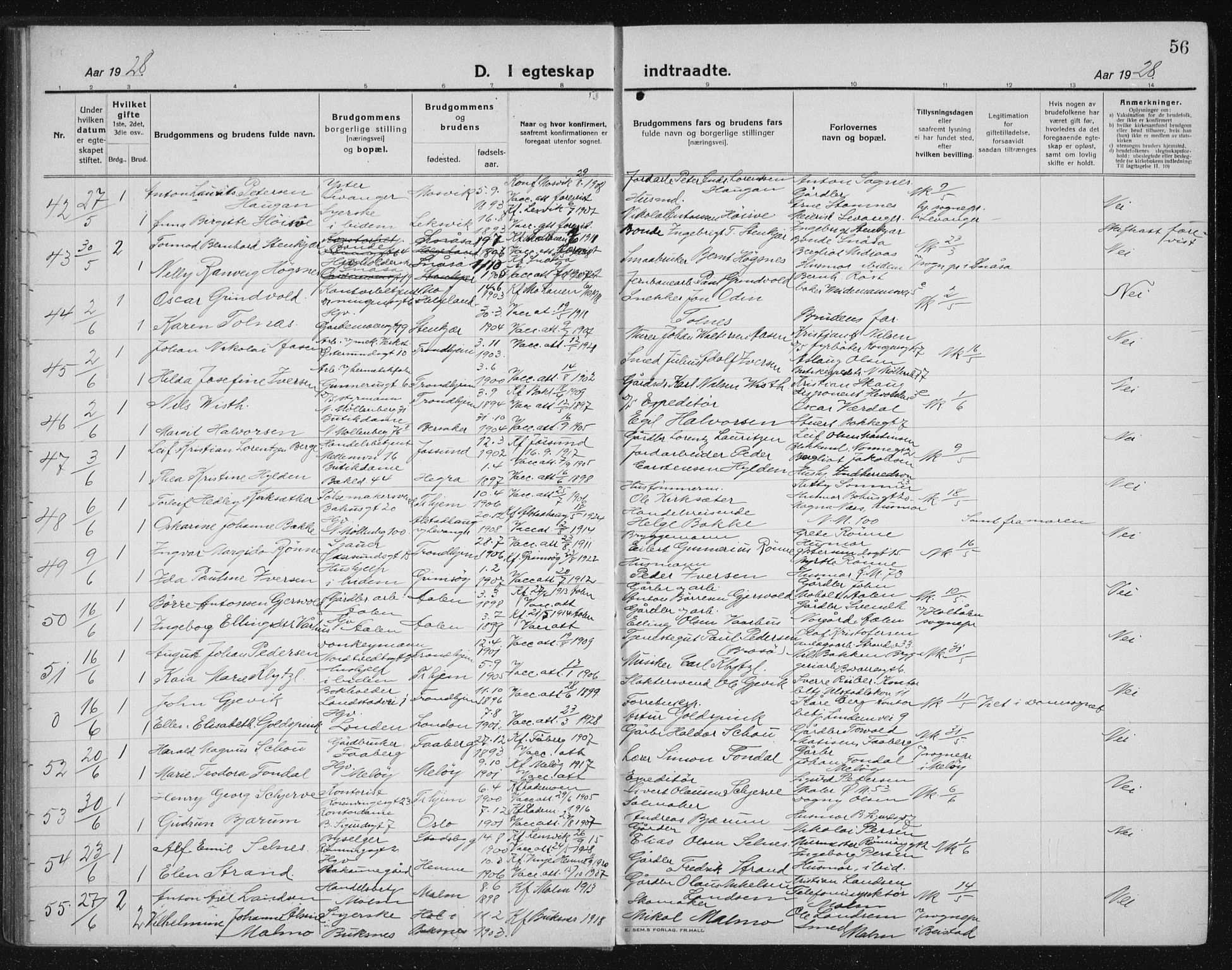 Ministerialprotokoller, klokkerbøker og fødselsregistre - Sør-Trøndelag, AV/SAT-A-1456/605/L0260: Klokkerbok nr. 605C07, 1922-1942, s. 56