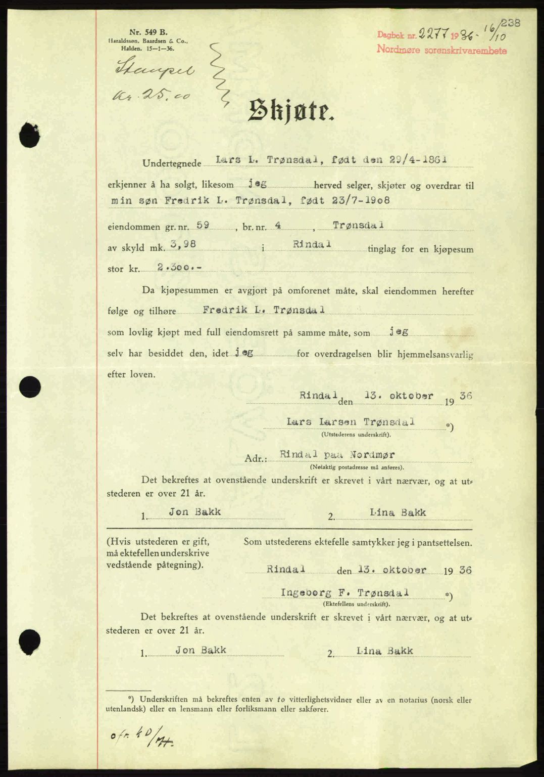 Nordmøre sorenskriveri, SAT/A-4132/1/2/2Ca: Pantebok nr. A80, 1936-1937, Dagboknr: 2277/1936