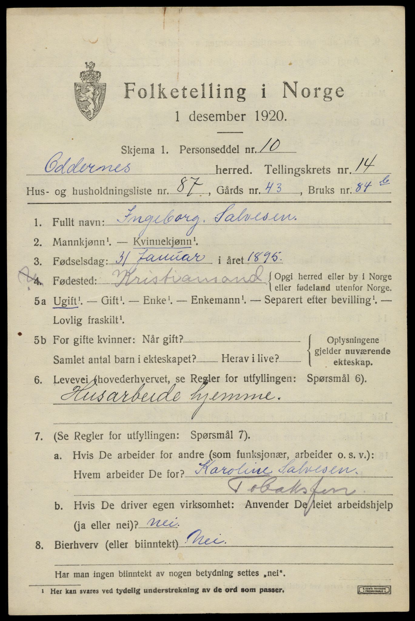 SAK, Folketelling 1920 for 1012 Oddernes herred, 1920, s. 9639