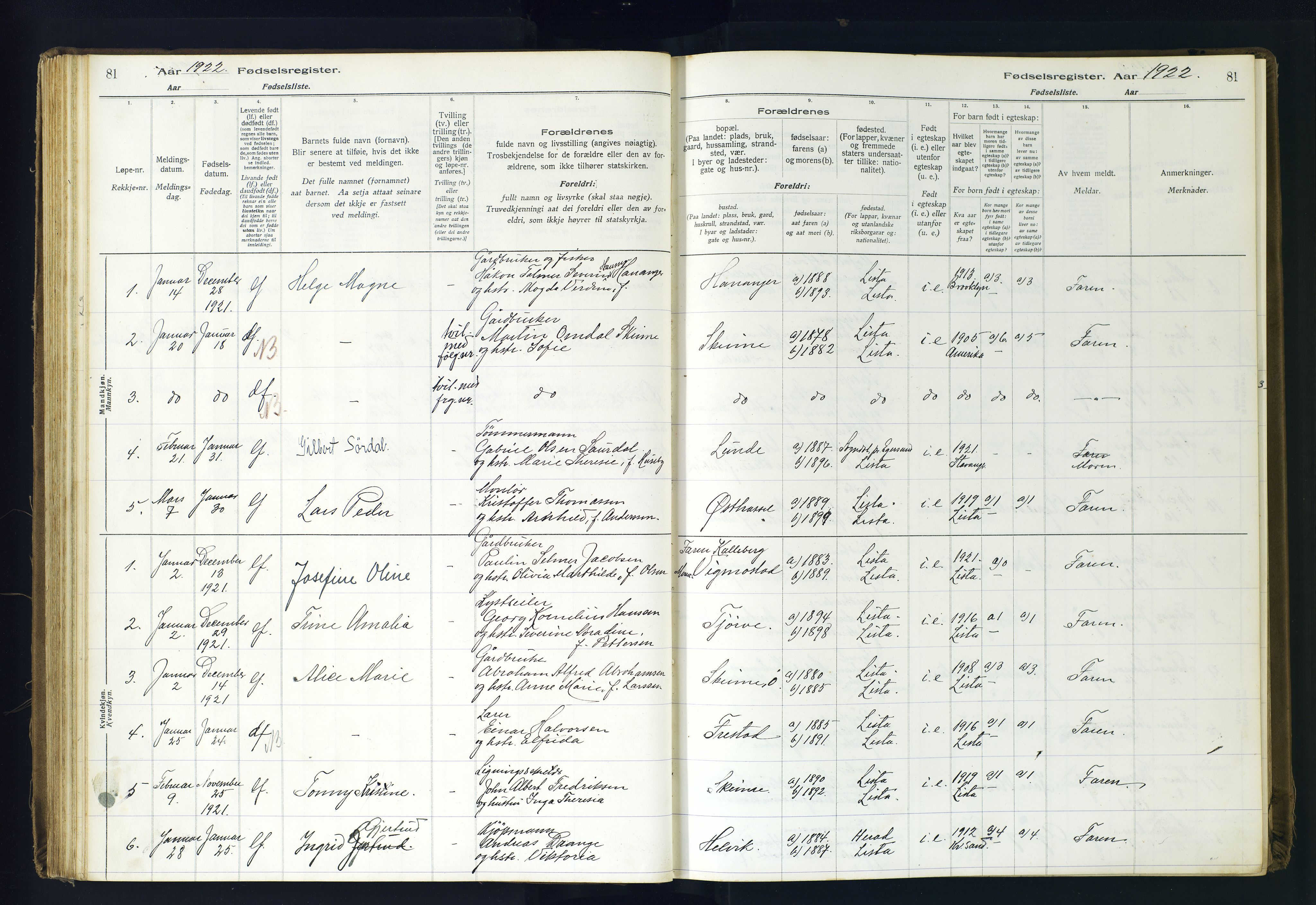 Lista sokneprestkontor, SAK/1111-0027/J/Ja/L0001: Fødselsregister nr. A-VI-30, 1916-1934, s. 81