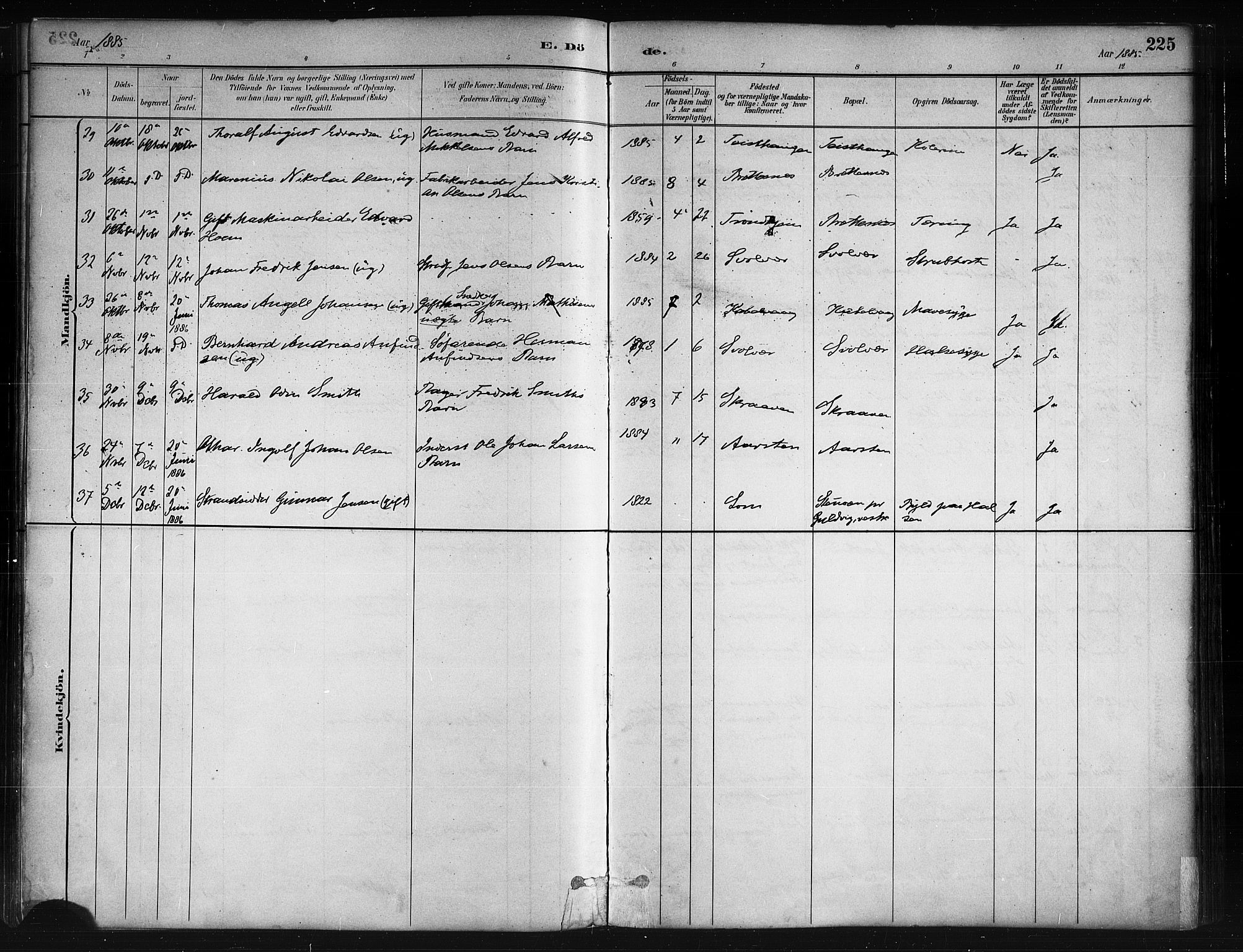 Ministerialprotokoller, klokkerbøker og fødselsregistre - Nordland, AV/SAT-A-1459/874/L1059: Ministerialbok nr. 874A03, 1884-1890, s. 225