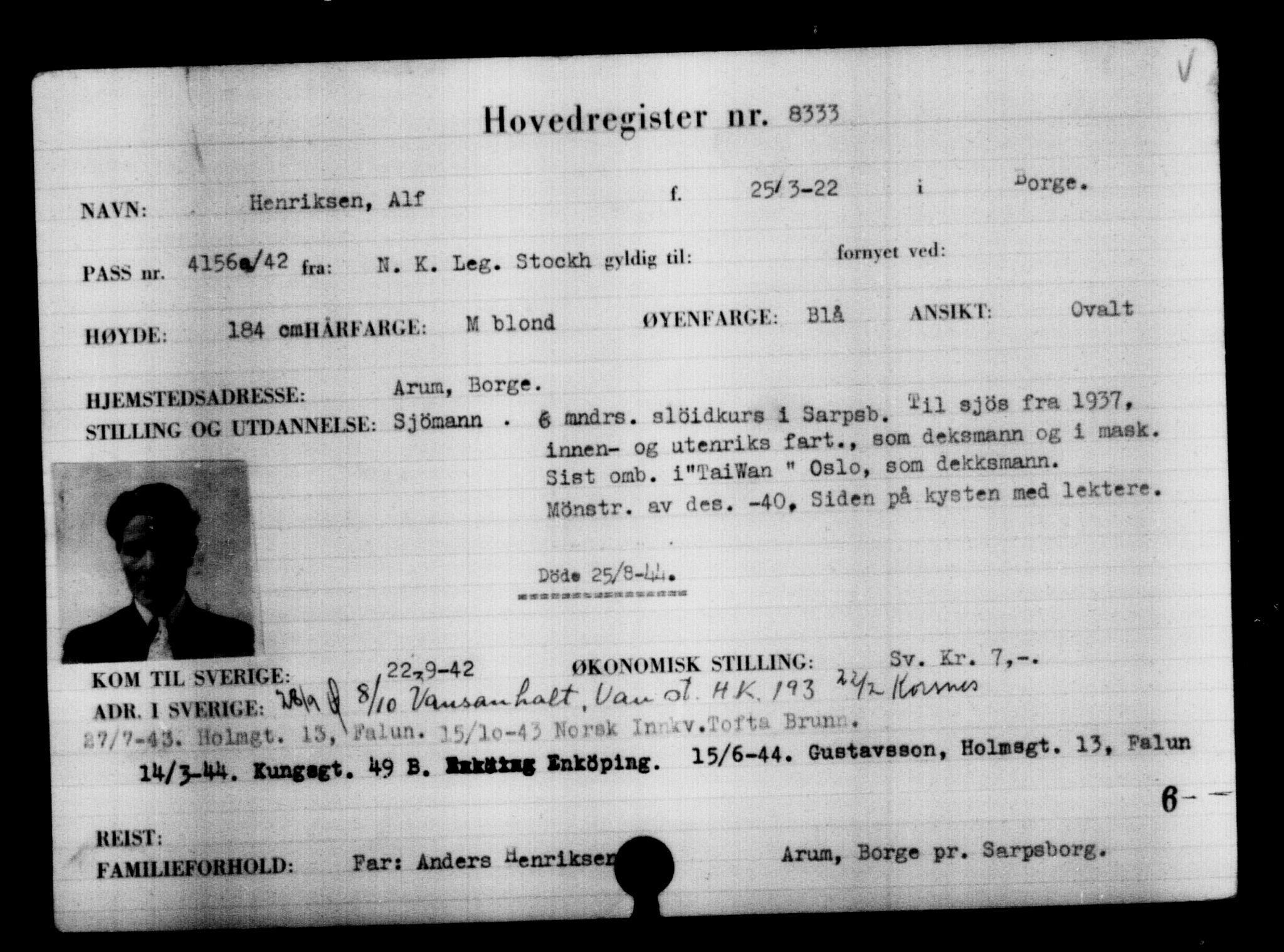 Utenriksstasjonene, Legasjonen i Stockholm, Flyktningkontoret, AV/RA-S-6753/V/Va/L0005: Kjesäterkartoteket, flyktninger med registreringsnr. 6600-9417, 1940-1945, s. 2010