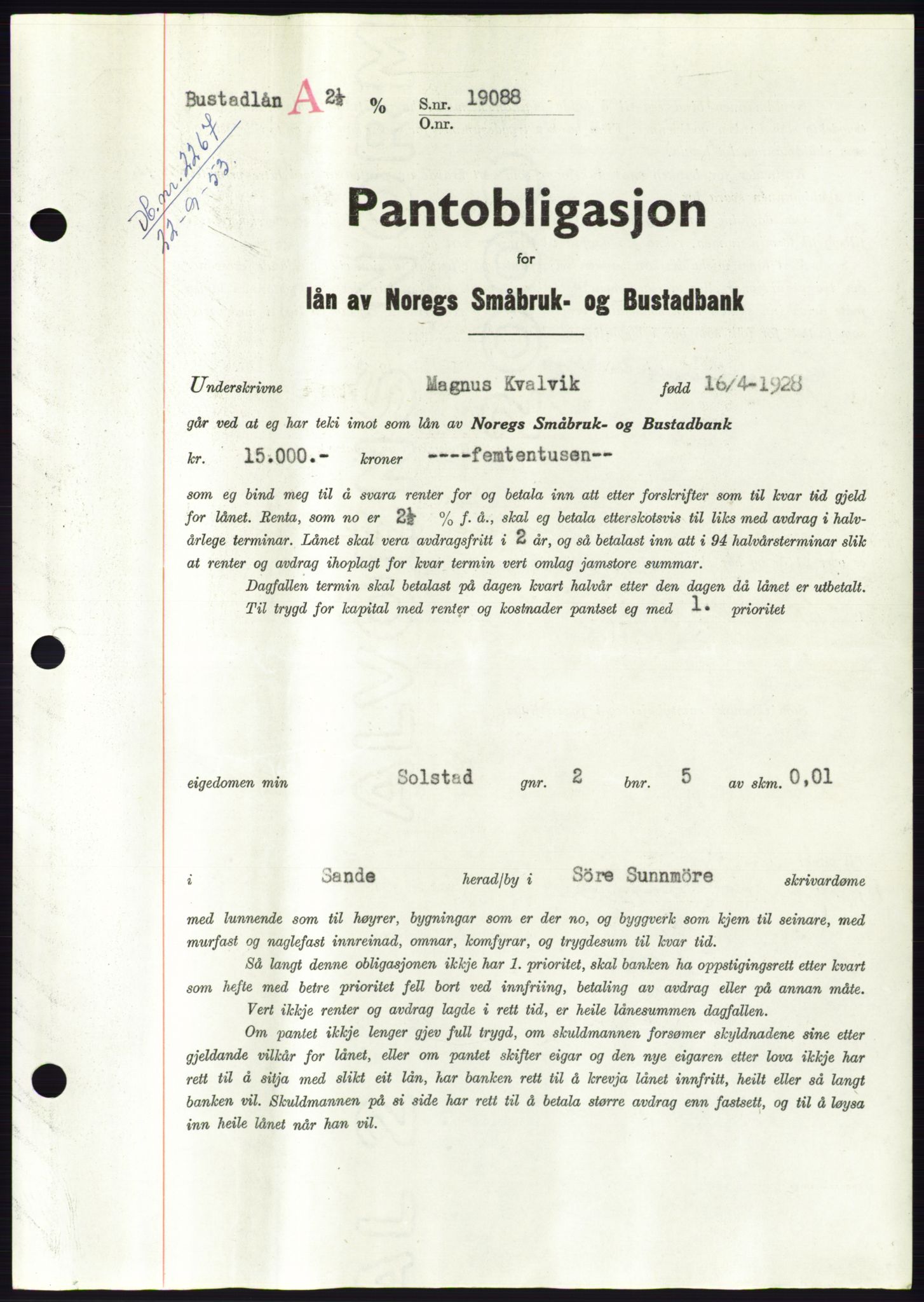 Søre Sunnmøre sorenskriveri, AV/SAT-A-4122/1/2/2C/L0124: Pantebok nr. 12B, 1953-1954, Dagboknr: 2267/1953