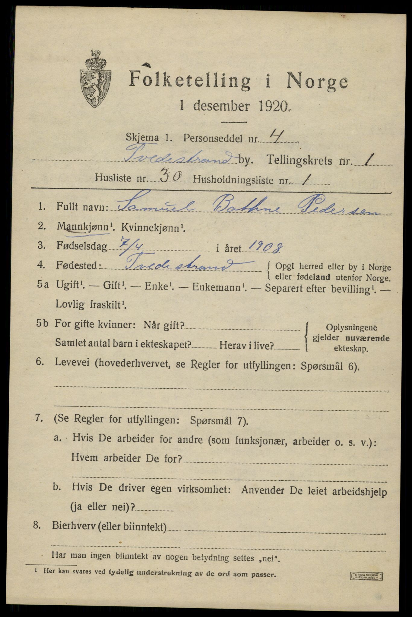 SAK, Folketelling 1920 for 0902 Tvedestrand ladested, 1920, s. 1597