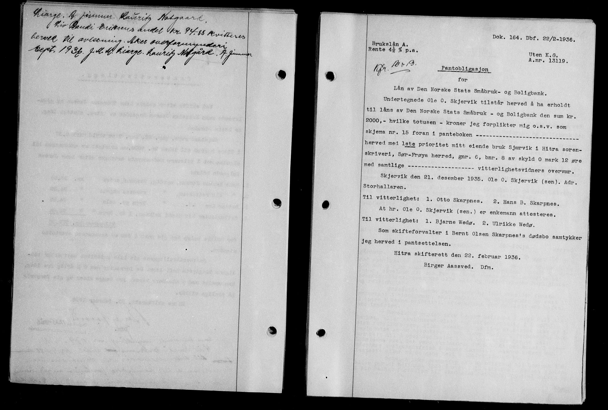 Hitra sorenskriveri, AV/SAT-A-0018/2/2C/2Ca/L0028: Pantebok nr. B-1, 1936-1939, Dagboknr: 164/1936