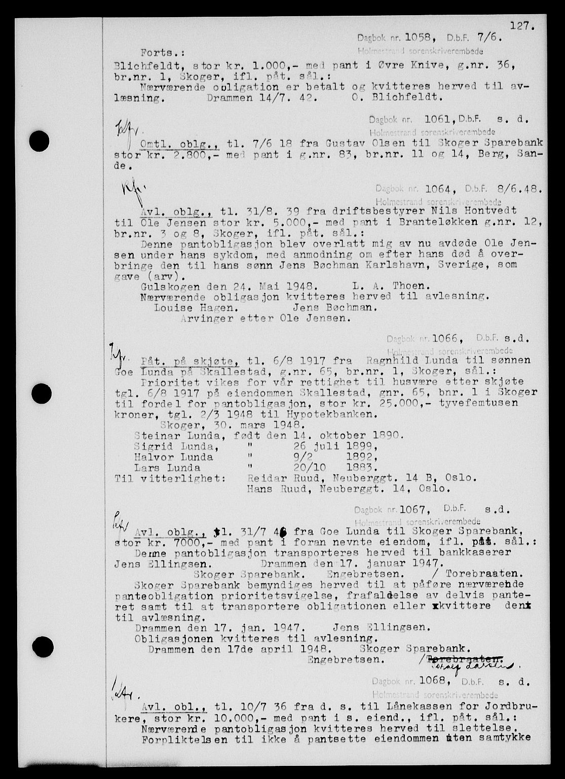 Holmestrand sorenskriveri, SAKO/A-67/G/Ga/Gab/L0058: Pantebok nr. B-58, 1947-1948, s. 127, Dagboknr: 1058/1948