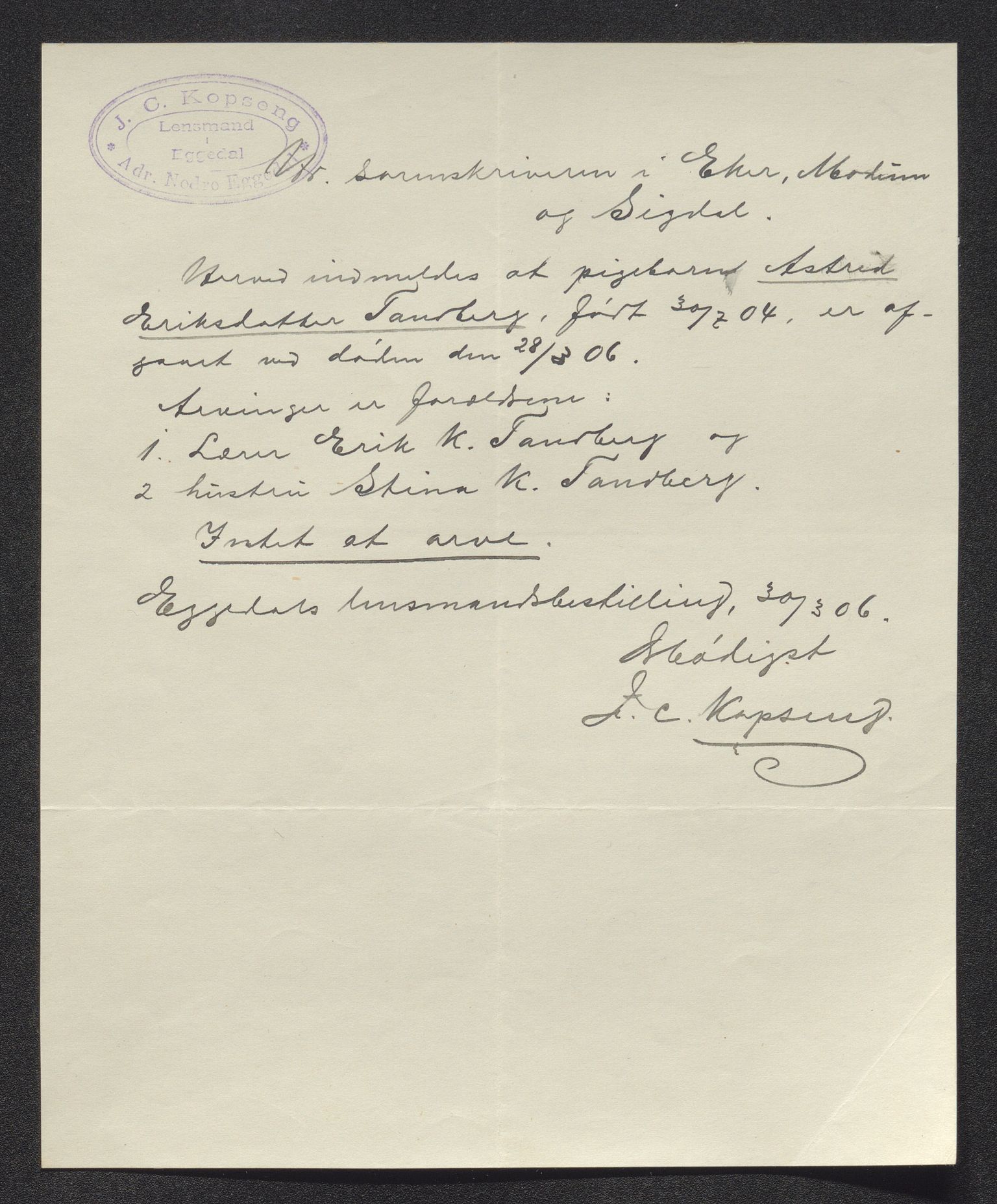 Eiker, Modum og Sigdal sorenskriveri, AV/SAKO-A-123/H/Ha/Hab/L0031: Dødsfallsmeldinger, 1906, s. 152