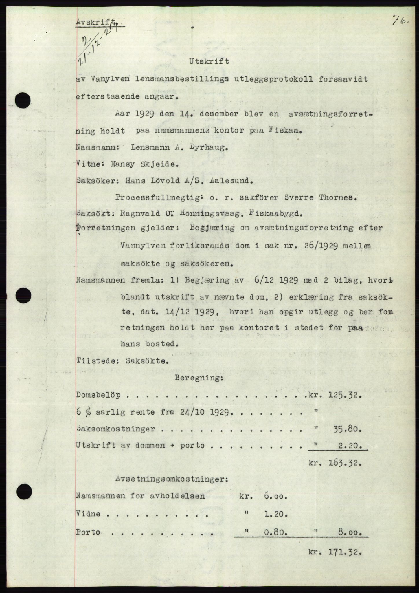 Søre Sunnmøre sorenskriveri, SAT/A-4122/1/2/2C/L0050: Pantebok nr. 44, 1929-1930, Tingl.dato: 21.12.1929