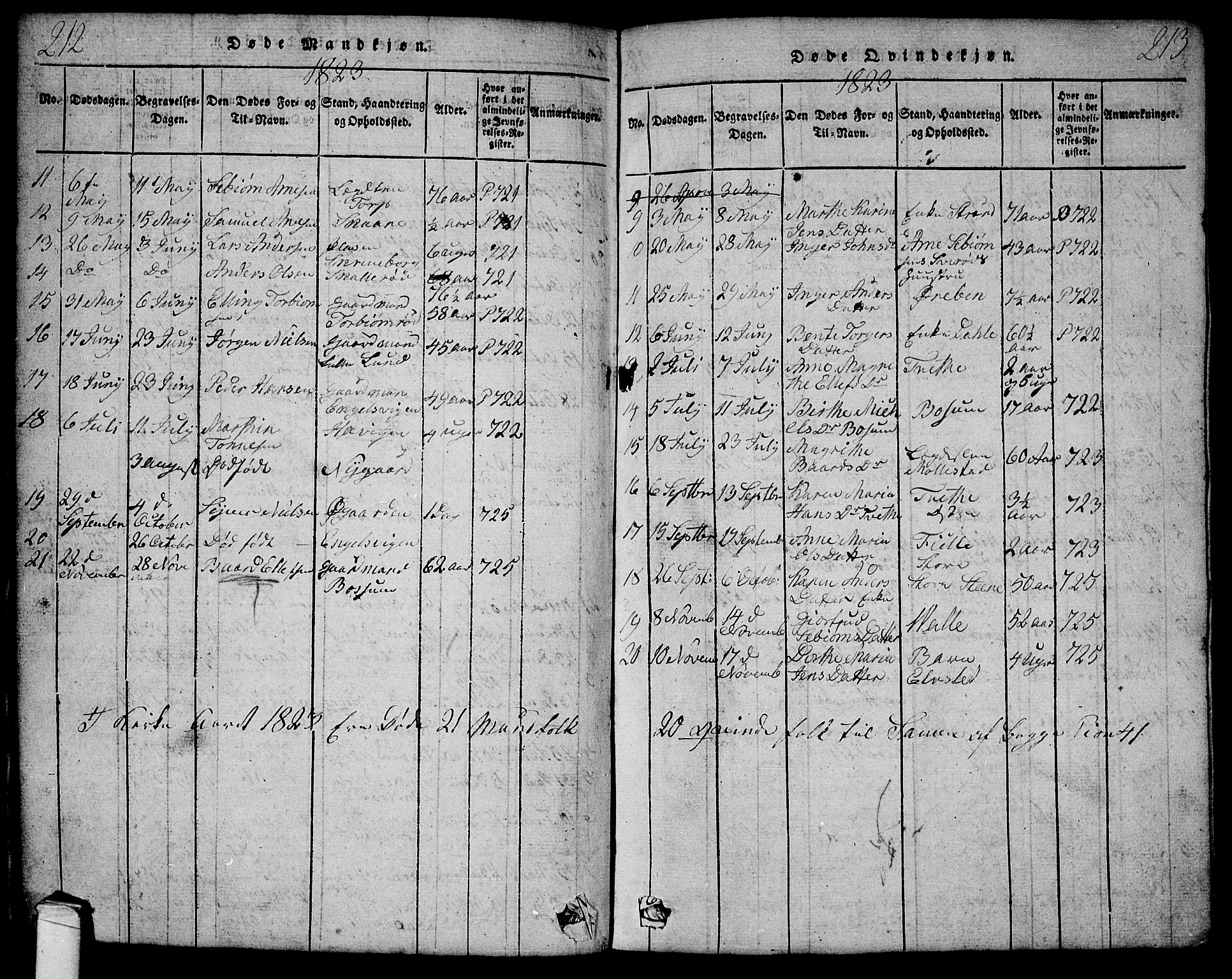 Onsøy prestekontor Kirkebøker, AV/SAO-A-10914/G/Ga/L0001: Klokkerbok nr. I 1, 1814-1840, s. 212-213