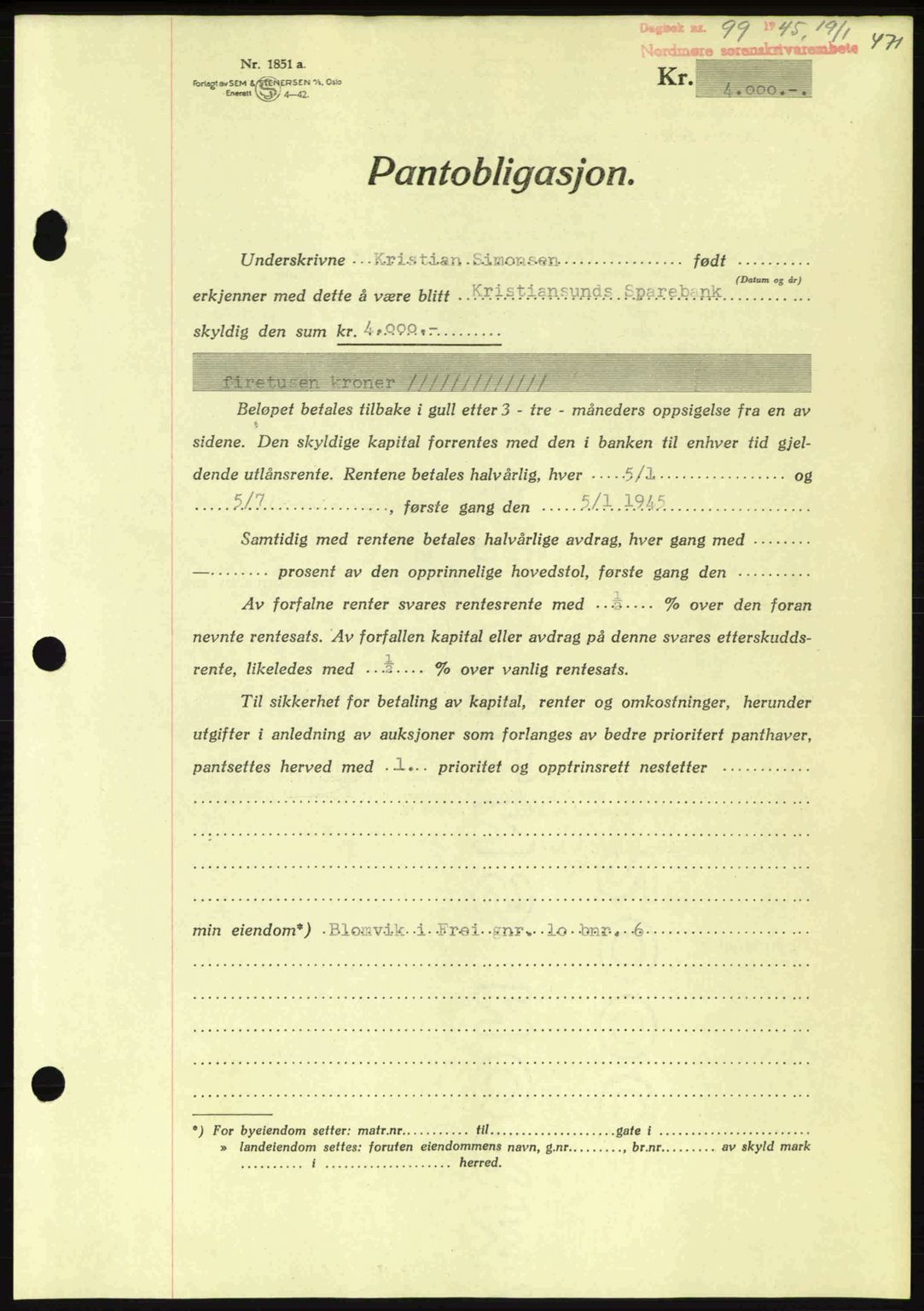 Nordmøre sorenskriveri, AV/SAT-A-4132/1/2/2Ca: Pantebok nr. B92, 1944-1945, Dagboknr: 99/1945