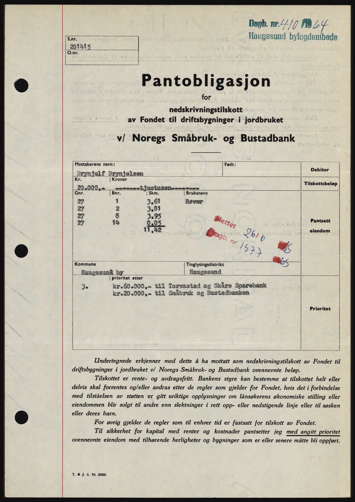 Haugesund tingrett, SAST/A-101415/01/II/IIC/L0051: Pantebok nr. B 51, 1963-1964, Dagboknr: 410/1964