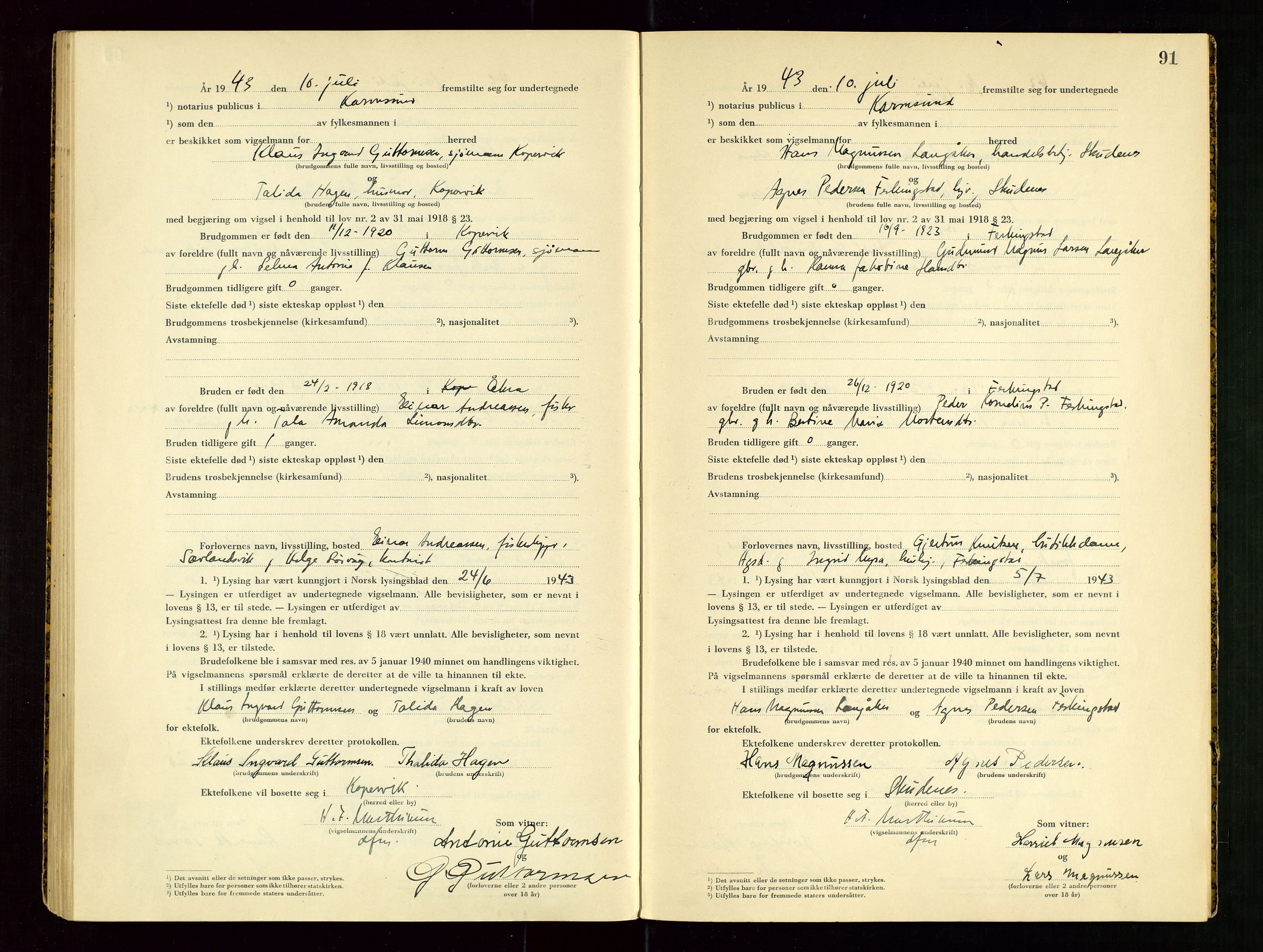 Karmsund sorenskriveri, AV/SAST-A-100311/01/III/IIICBA/L0002: VIGSELSBOK, 1942-1943, s. 91