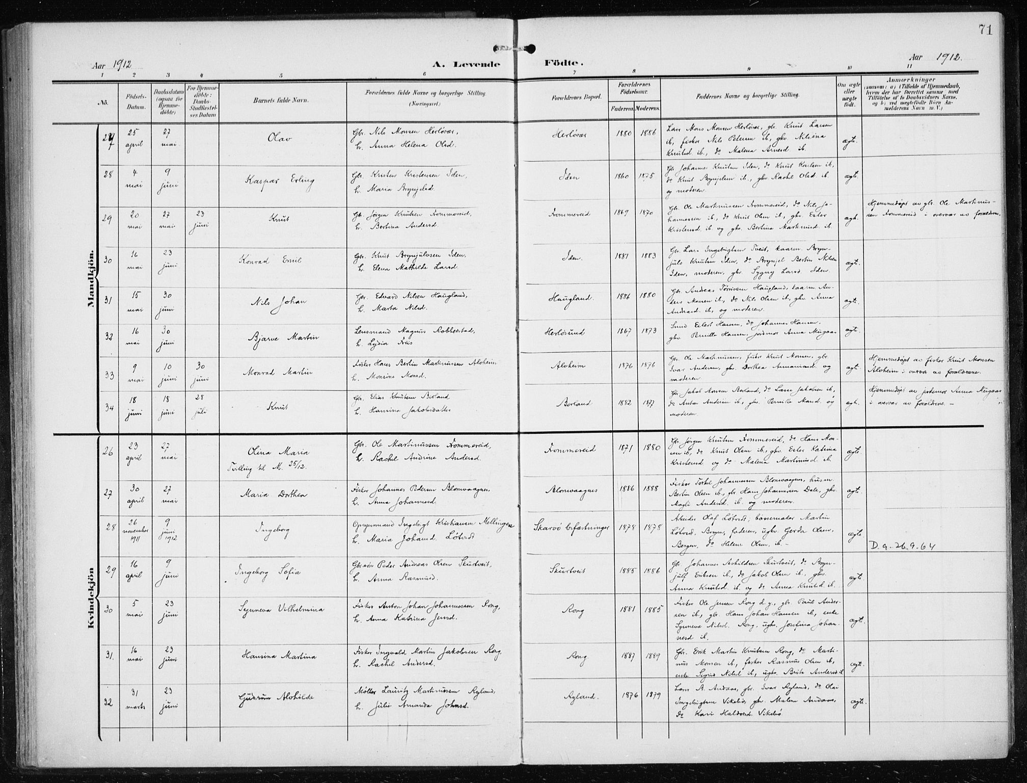 Herdla Sokneprestembete, AV/SAB-A-75701/H/Haa: Ministerialbok nr. A 5, 1905-1918, s. 71